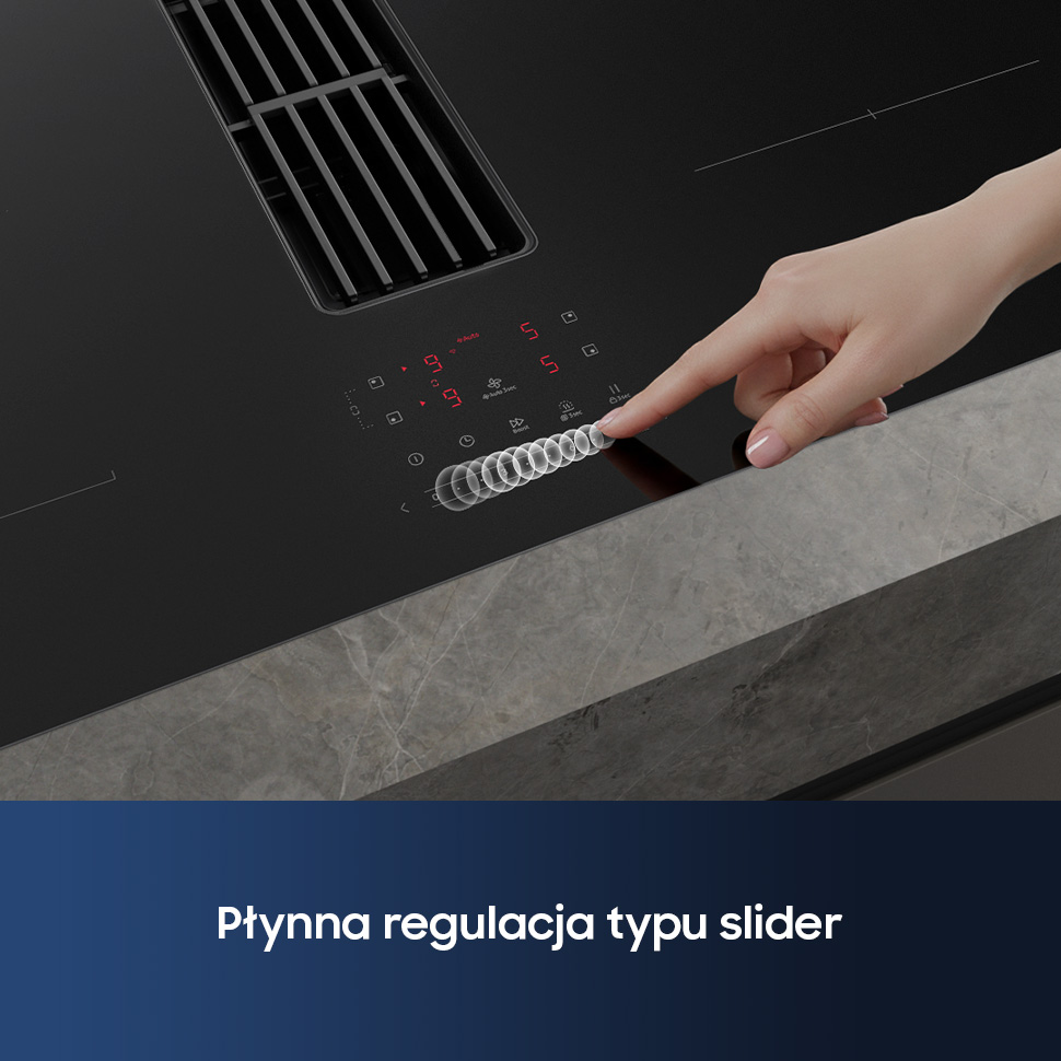Ręka obsługuje suwak dotykowy czarnej płyty indukcyjnej.