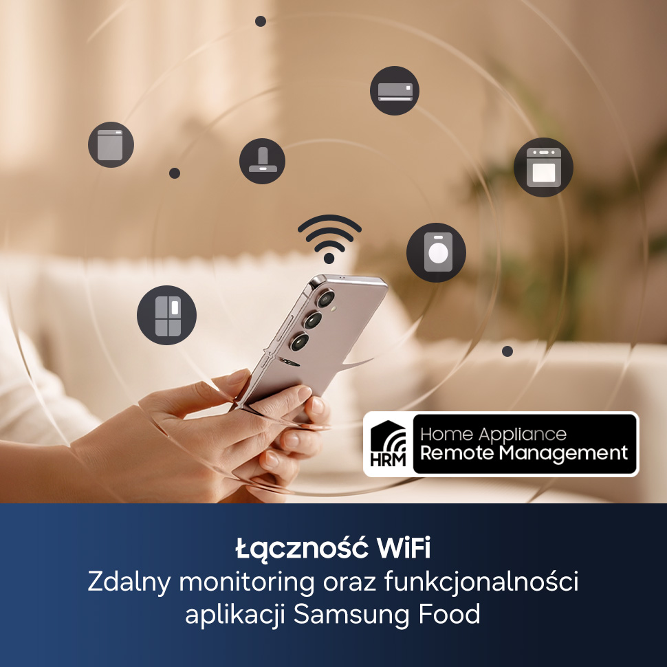 Smartfon trzymany w dłoni łączy się przez Wi-Fi z urządzeniami AGD, pokazanymi jako ikony z funkcją zdalnego zarządzania.