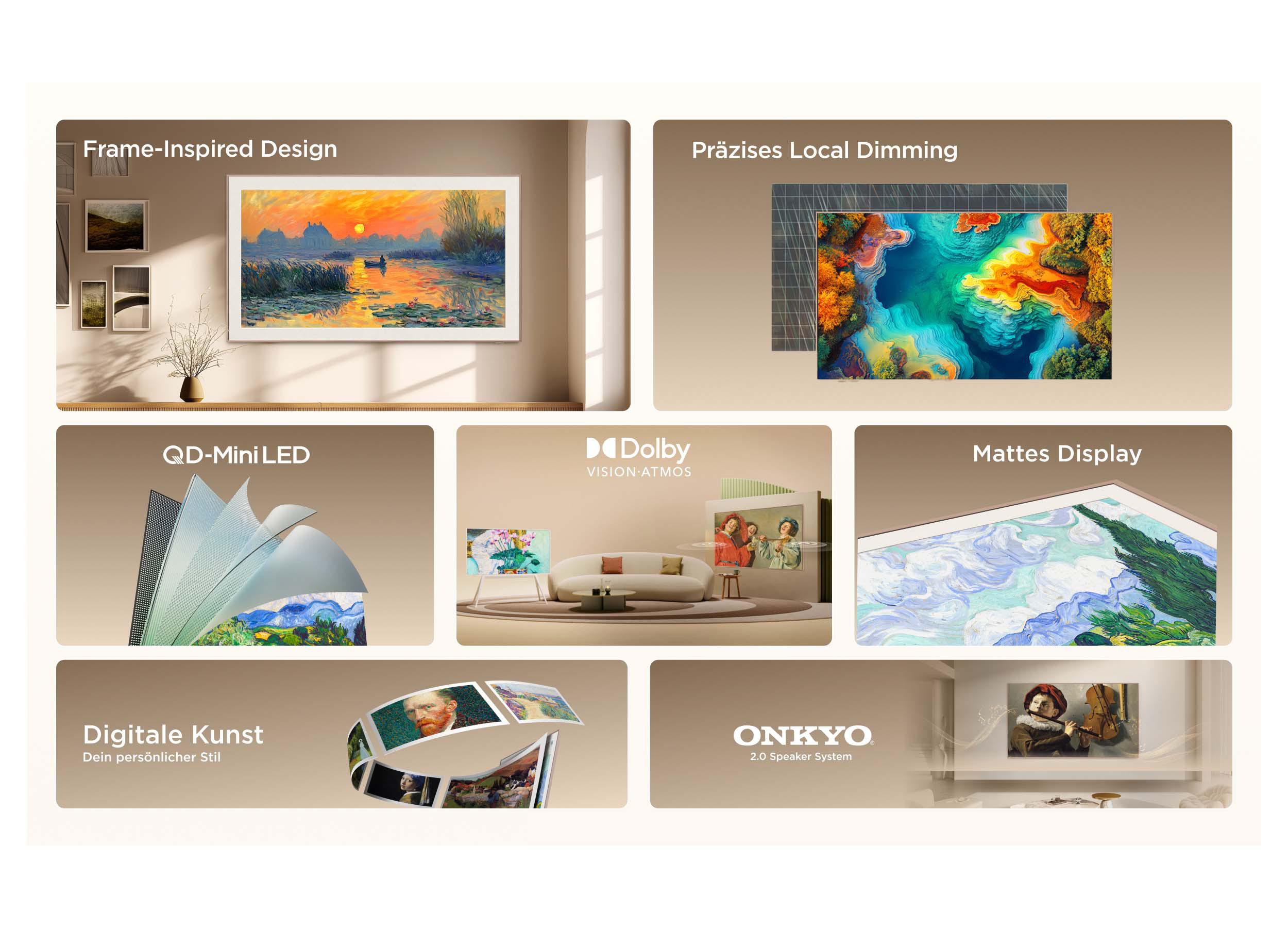 Produktmerkmale eines modernen Flachbildfernsehers mit Kunstdisplay und Dolby Atmos.