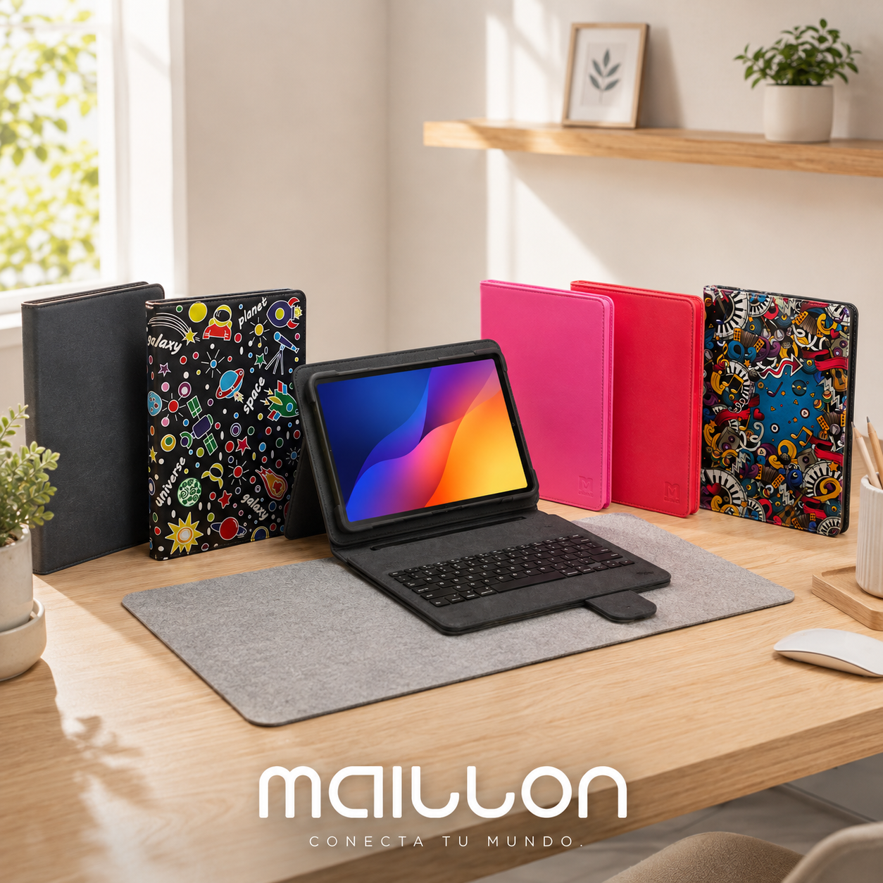 Una tableta con funda y teclado está en un escritorio junto a fundas de colores y plantas.