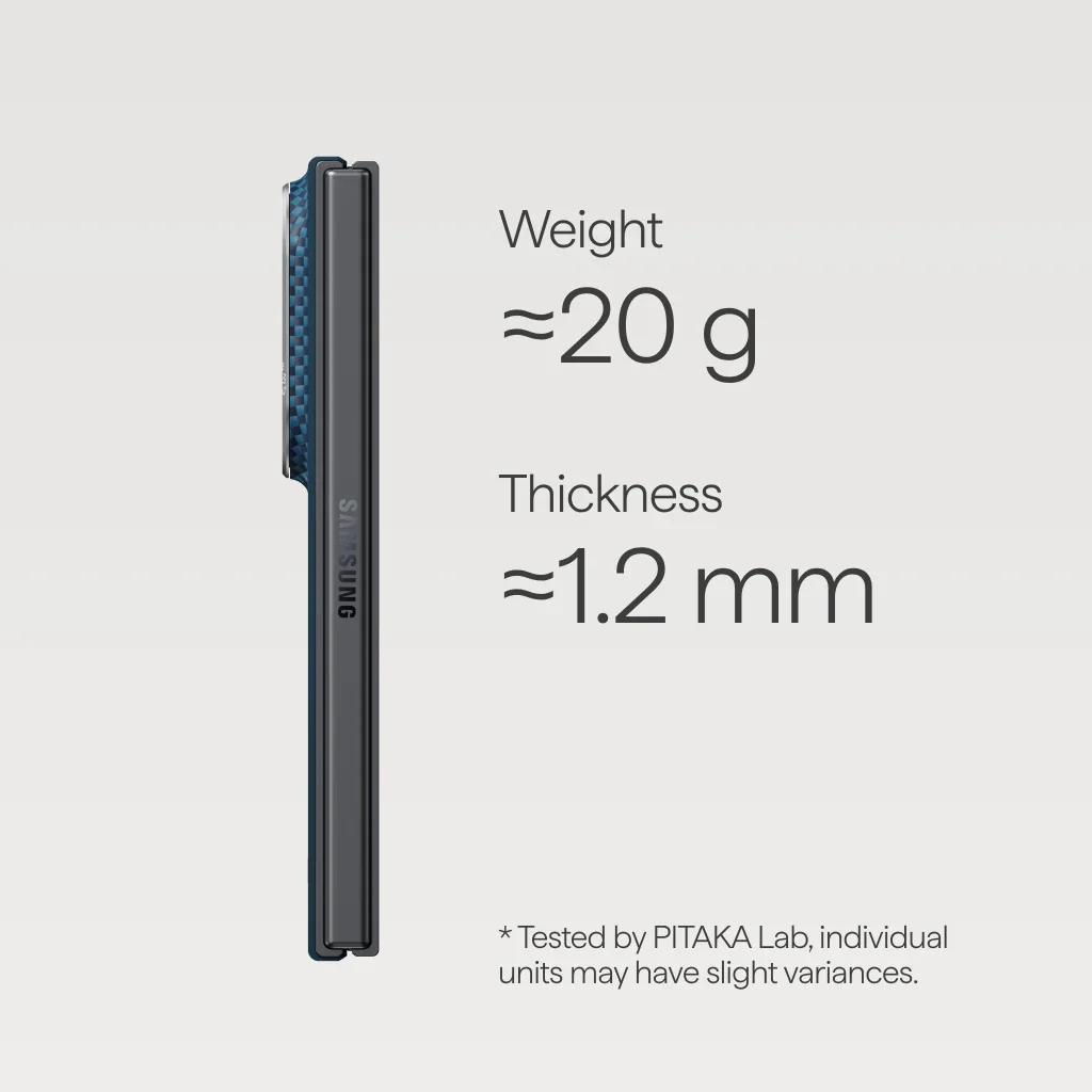 Vékony Samsung telefon oldalnézete, súly (kb. 20 g) és vastagság (kb. 1,2 mm) felirattal.