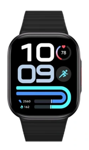 Czarny smartwatch z cyfrowym wyświetlaczem pokazującym czas, tętno i statystyki aktywności na białym tle.