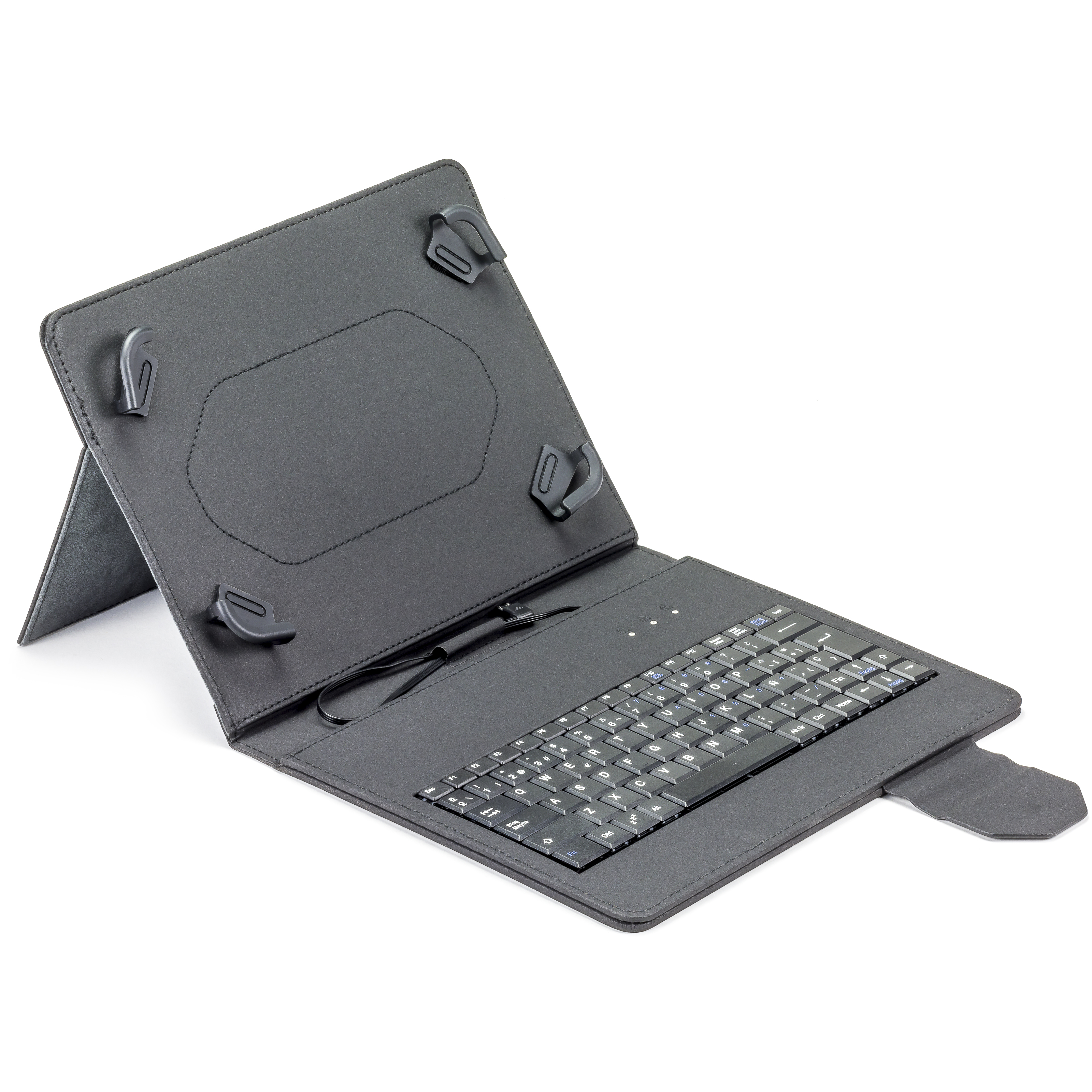 Un soporte para funda de tablet gris con teclado negro integrado y pinzas de sujeción sobre fondo blanco.