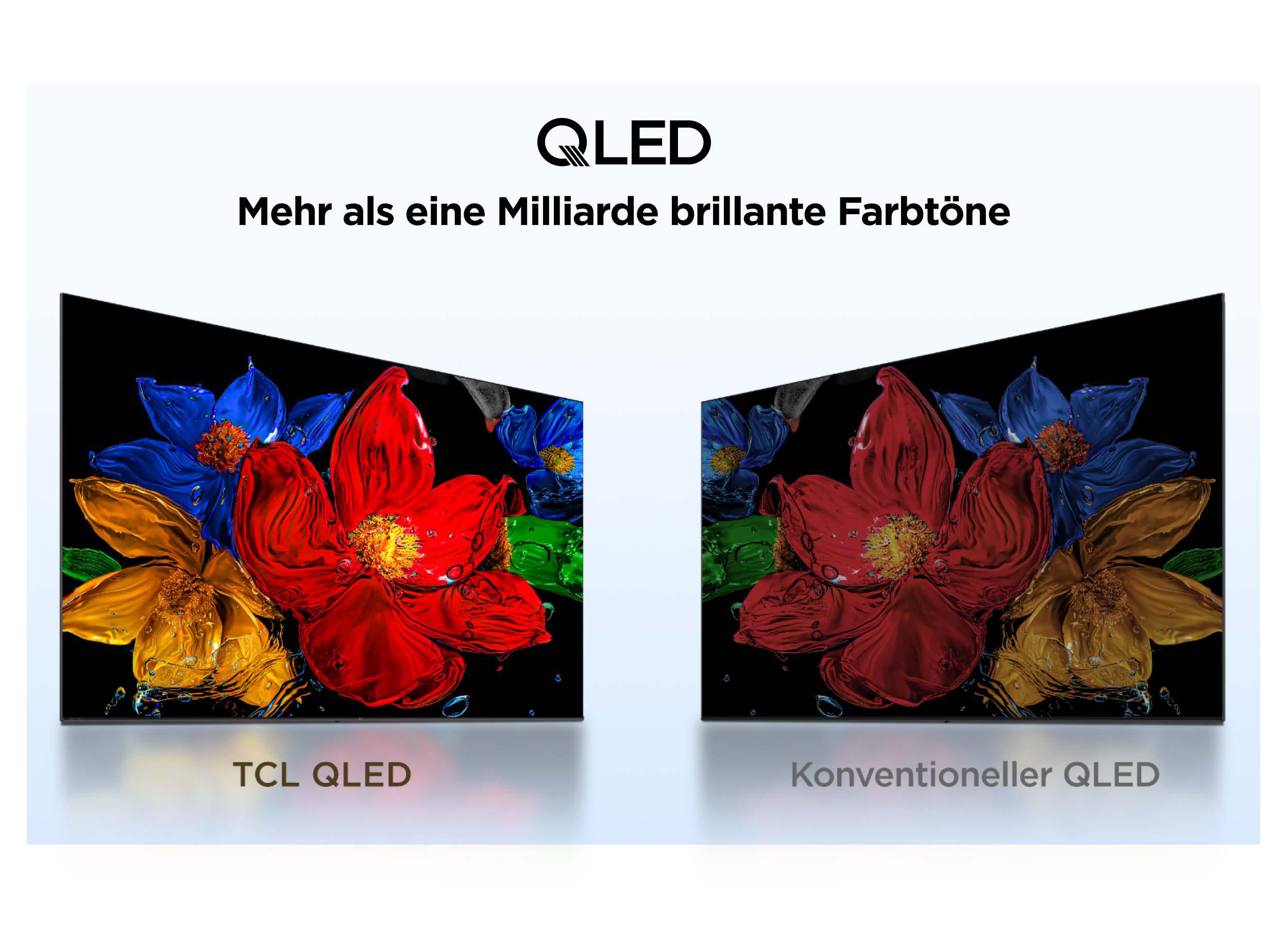 Vergleich zweier Bildschirme: TCL QLED zeigt hellere, lebendigere Farben als ein konventioneller QLED.