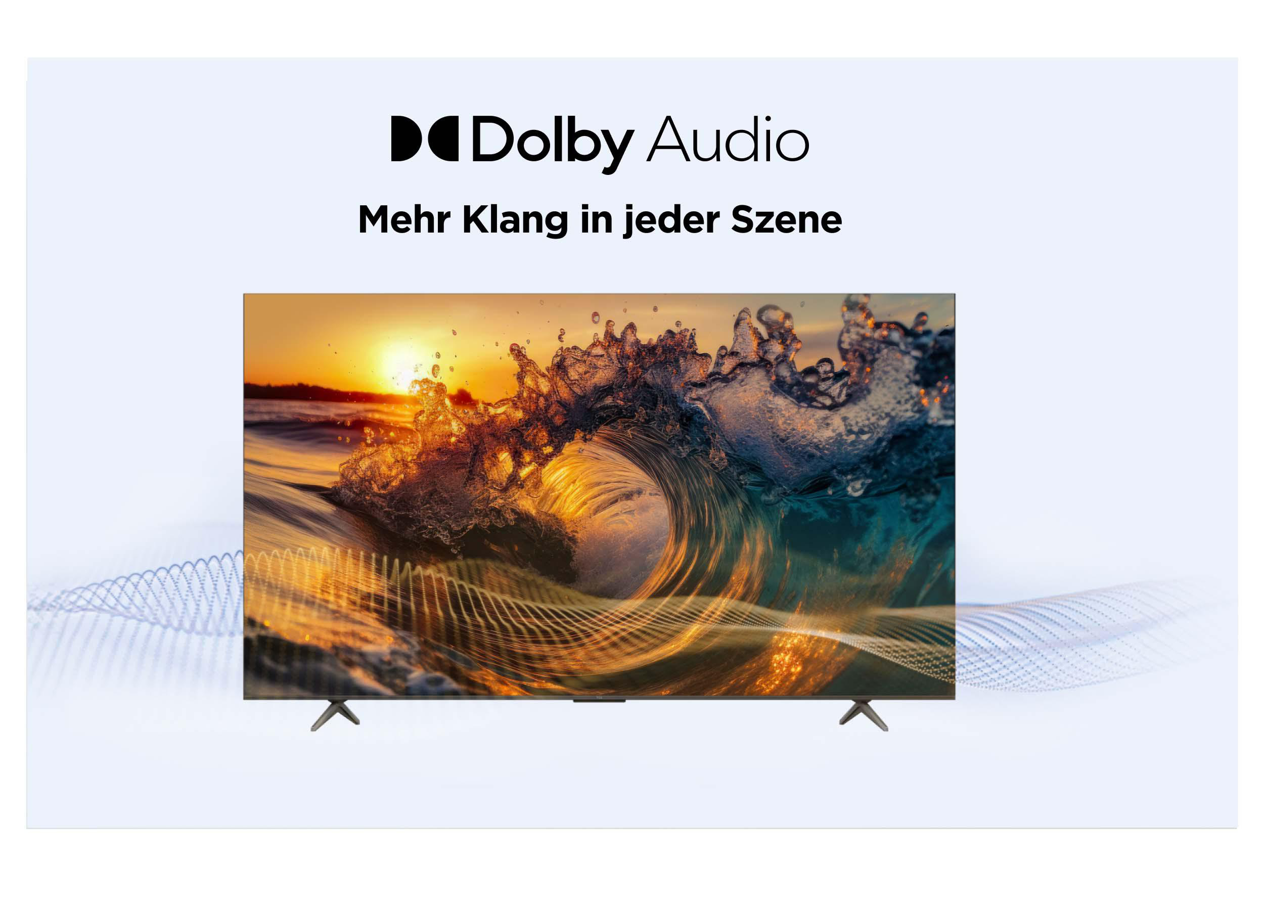 Ein Fernseher zeigt eine Welle bei Sonnenuntergang, darüber das Dolby Audio Logo und Text.