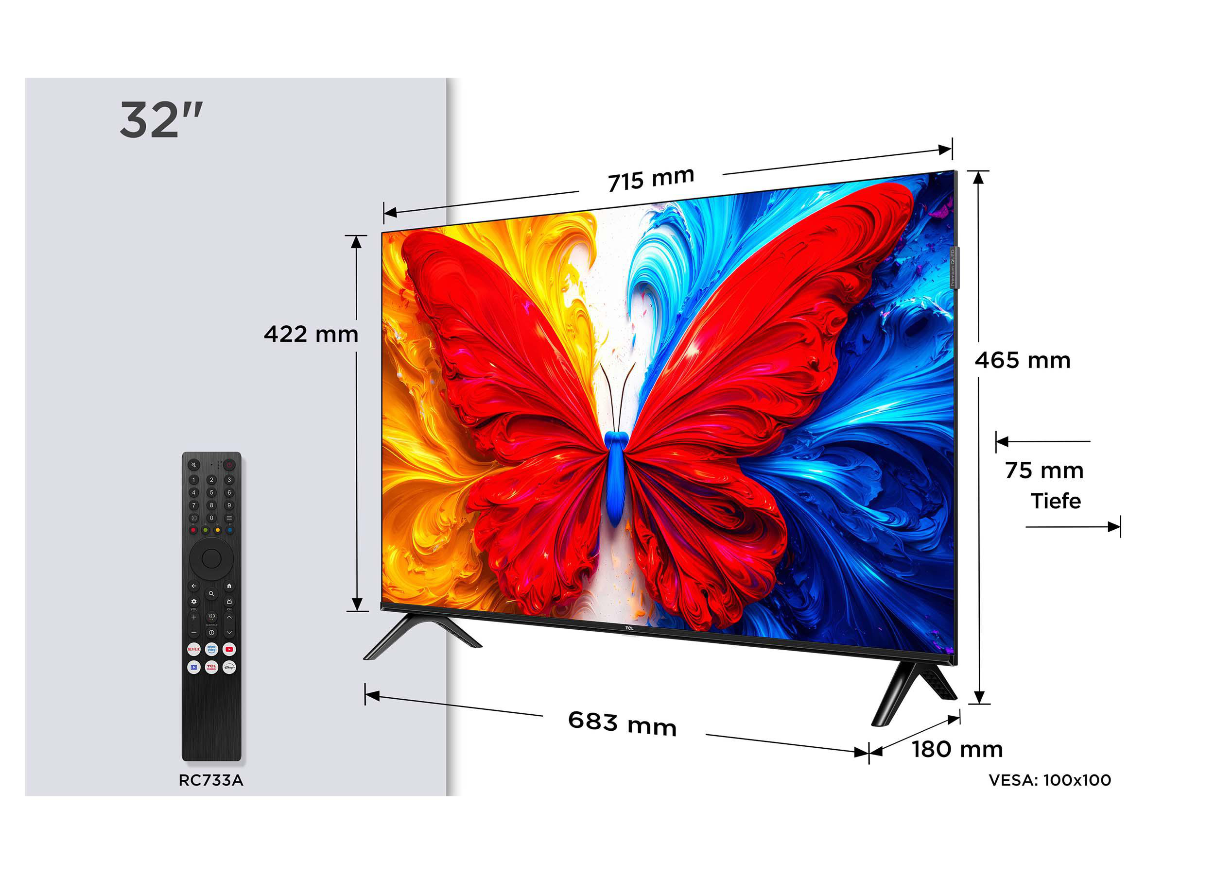 Technische Zeichnung eines TCL-Fernsehers mit Maßen, Bildschirmgrafik und Fernbedienung.
