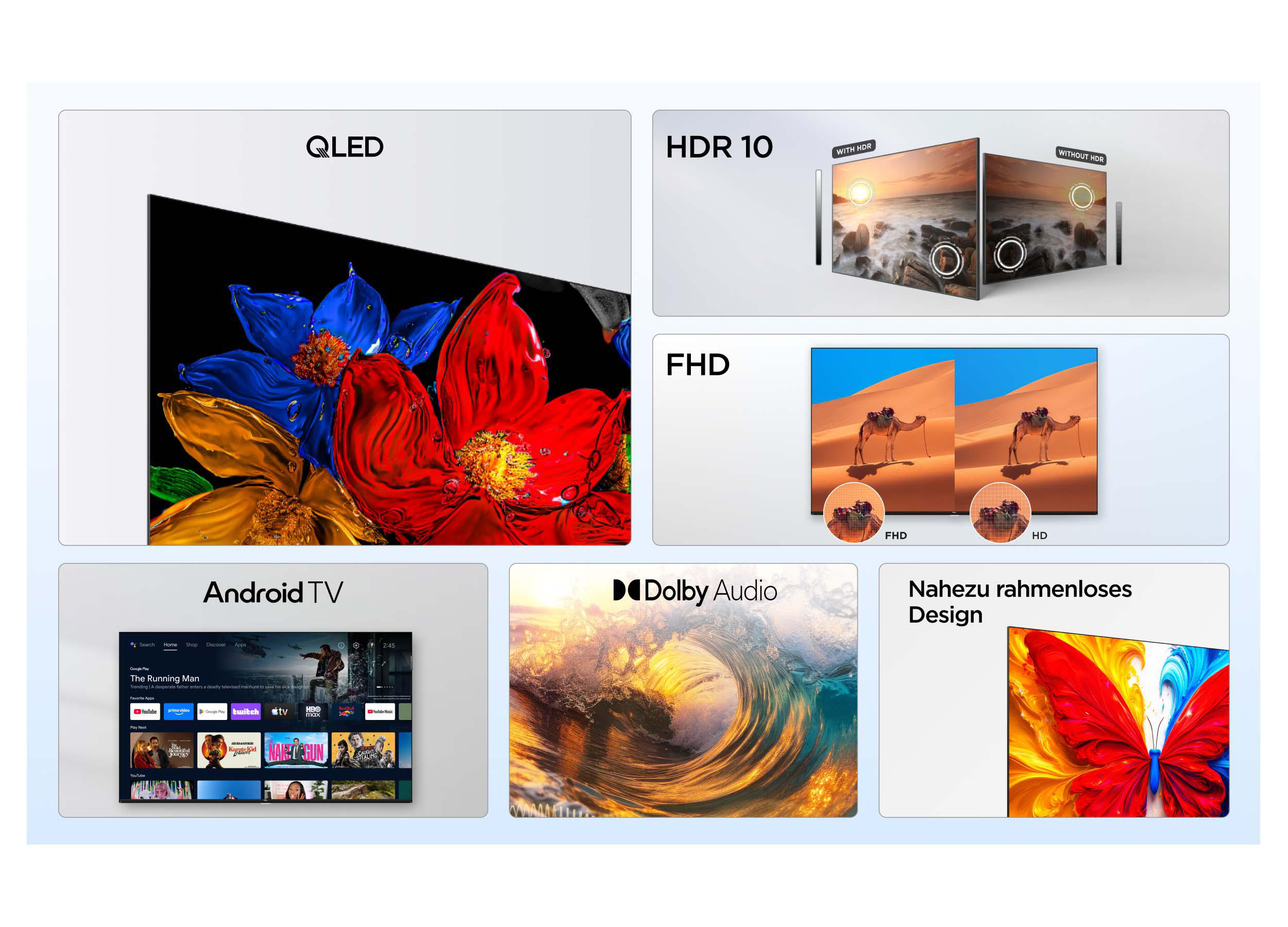 Sechs Bilder zeigen TV-Features: QLED, HDR 10, FHD, Android TV, Dolby Audio und rahmenloses Design.