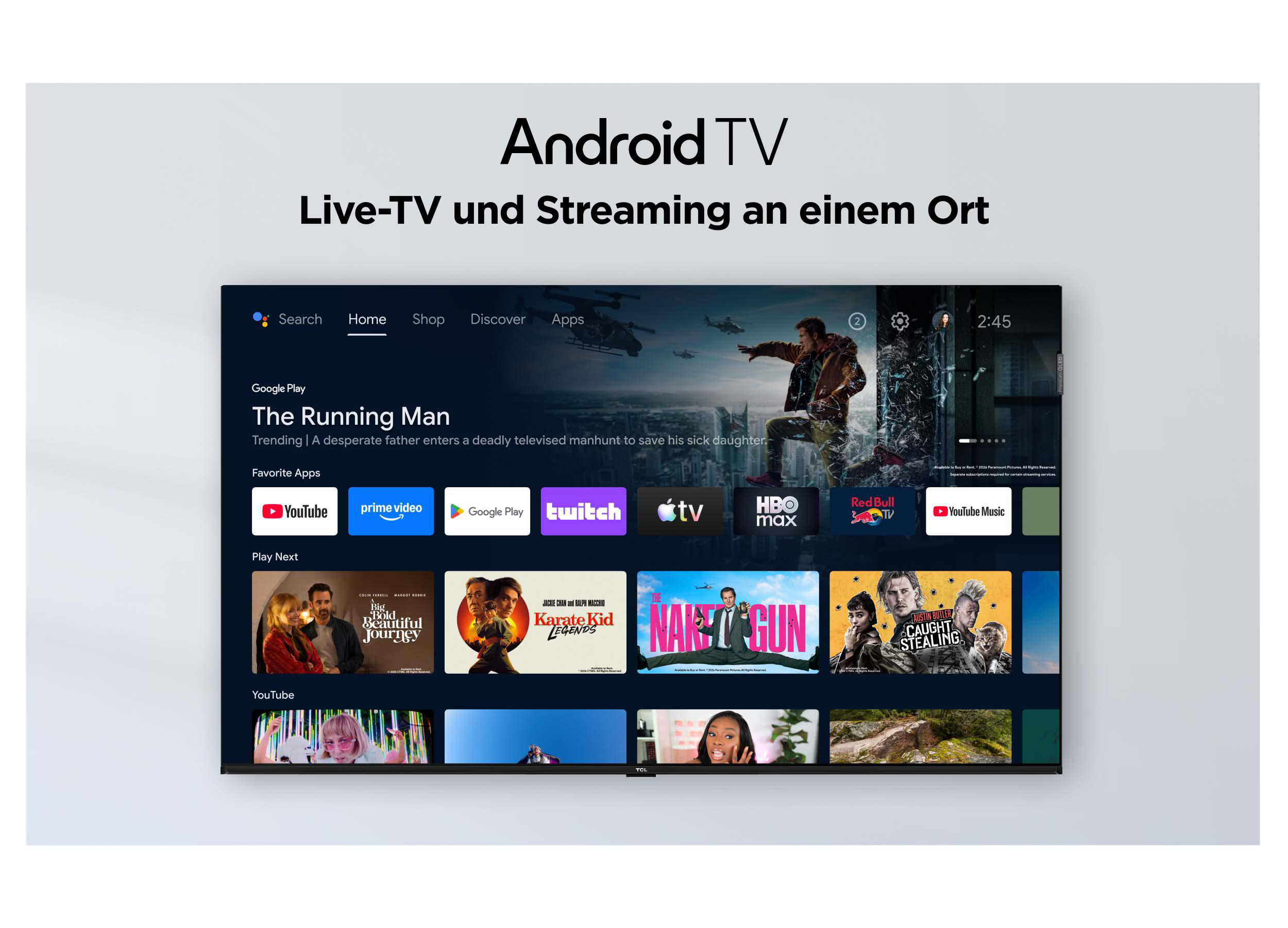 Android TV-Bildschirm mit Menü für Streaming-Apps und Live-TV.