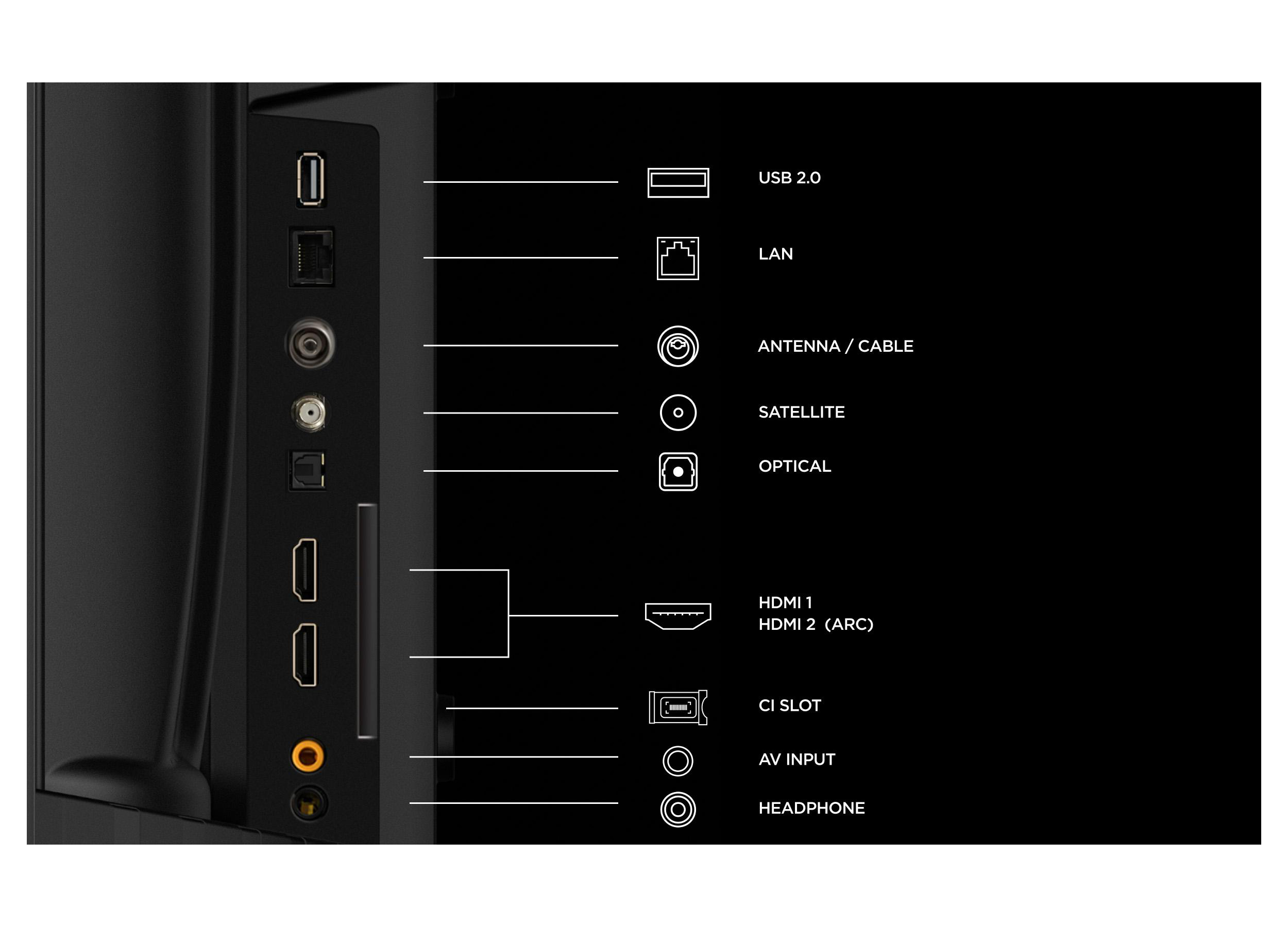 Rückseite eines Fernsehers mit verschiedenen Anschlüssen wie USB, LAN, HDMI und Antenne, beschriftet mit Symbolen.