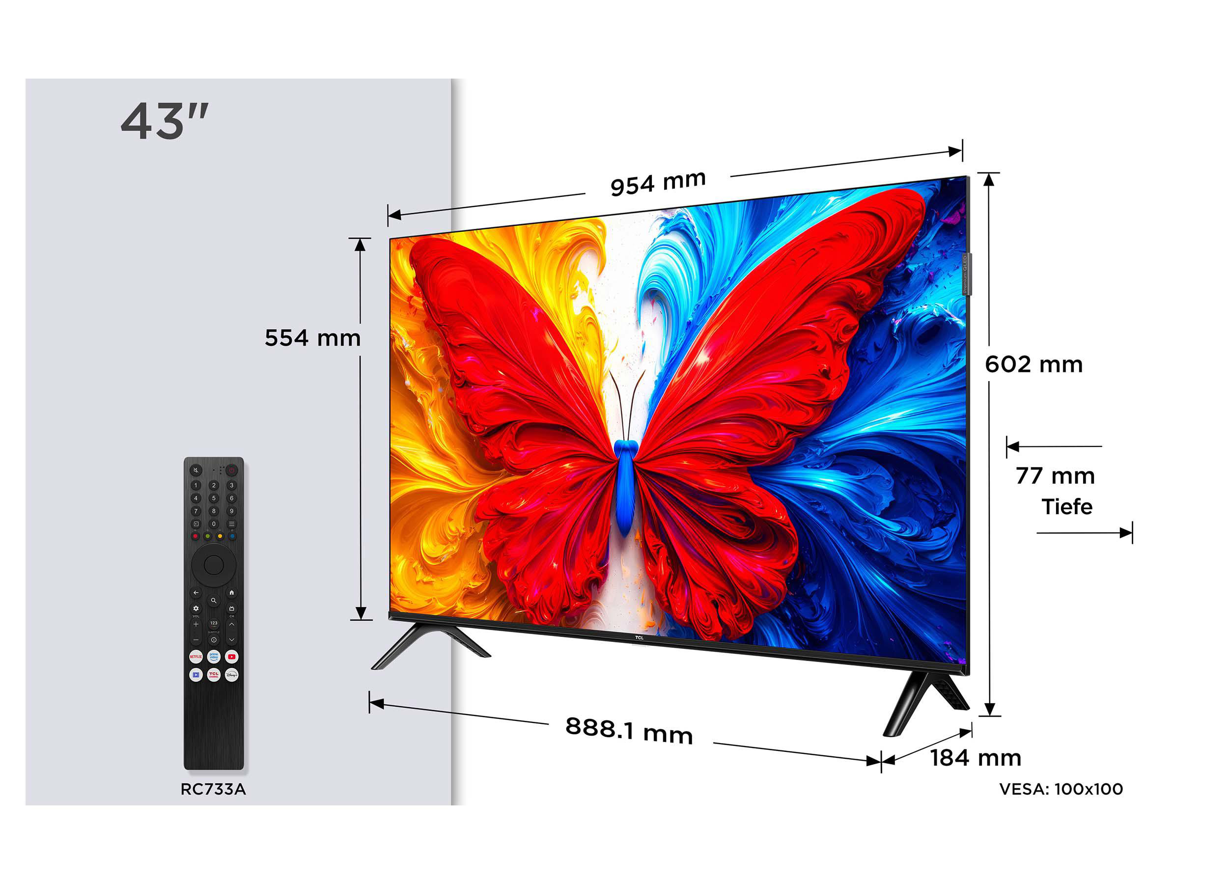 Technische Zeichnung eines 43-Zoll-Fernsehers mit Maßen und Fernbedienung.
