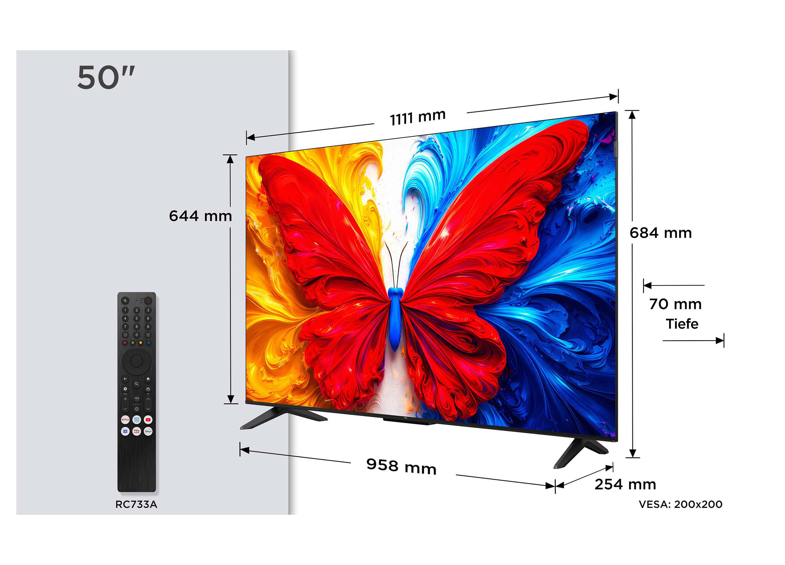Ein 50-Zoll-Fernseher mit Maßen, Schmetterlingsbild und Fernbedienung.