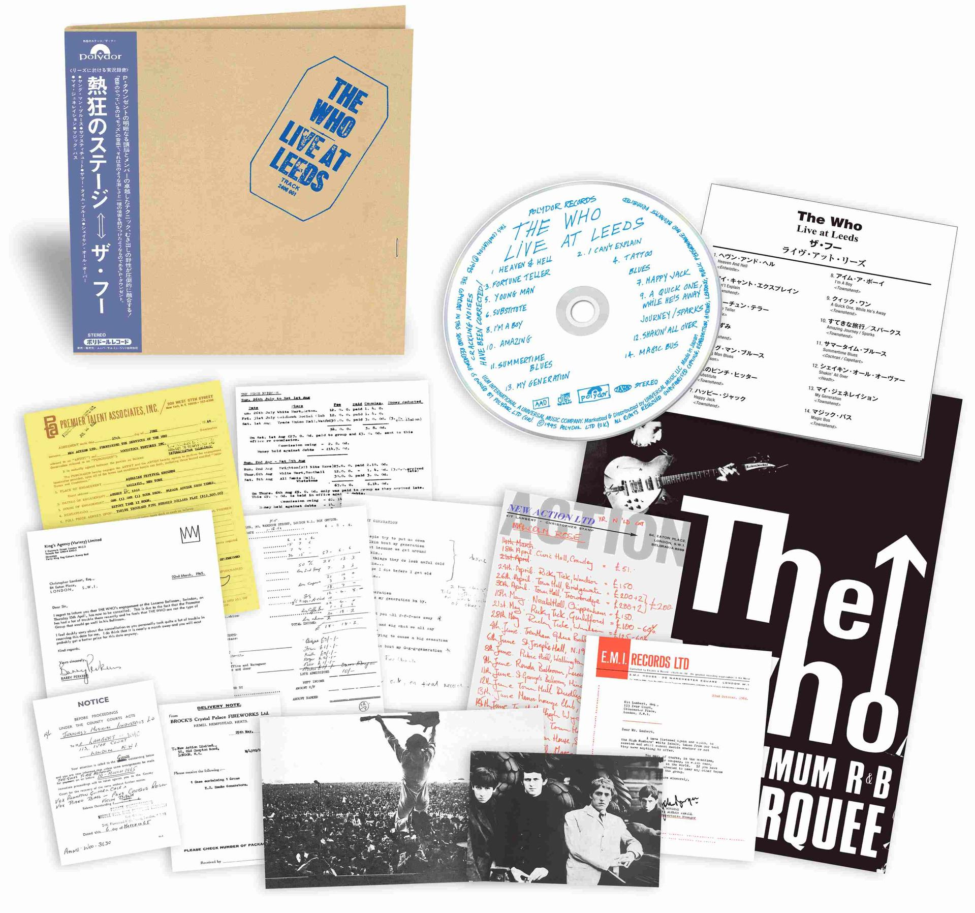 The Who Live at Leeds: CD, Hülle, Setlist und Dokumente auf Holztisch.