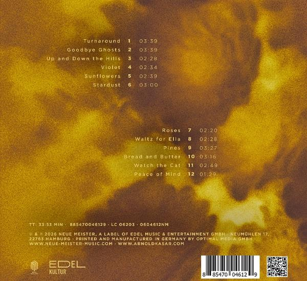 Rückseite eines Musikalbums mit Tracklist, gelbem Hintergrund und Barcode unten rechts.