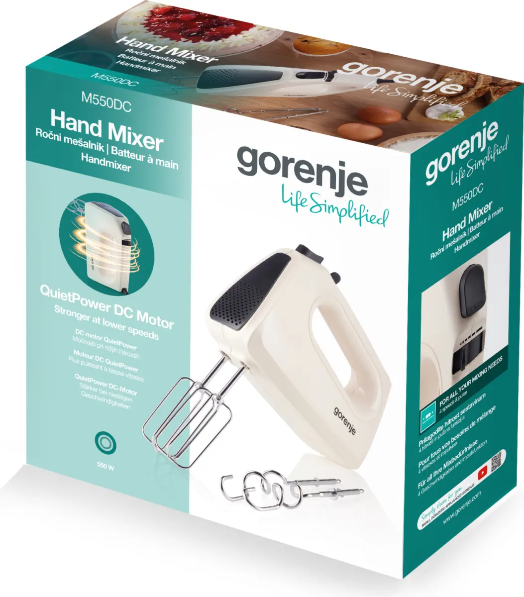 Gorenje kézi mixer csomagolása a fehér készülékkel és a tartozékokkal.