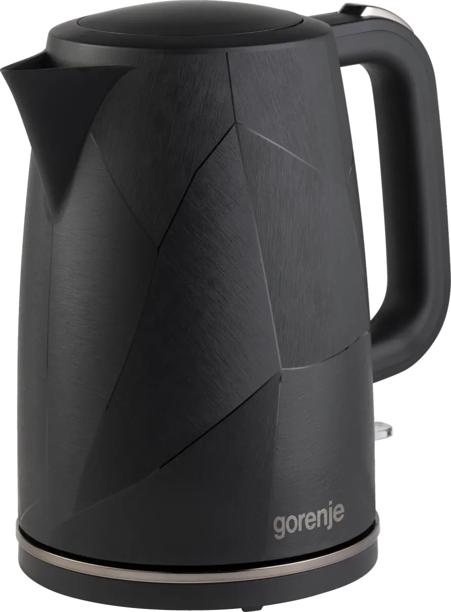 Fekete elektromos vízforraló geometrikus dombornyomott mintával és Gorenje logóval.