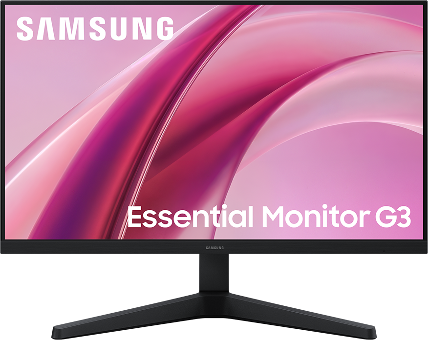 Egy fekete Samsung Essential Monitor G3 rózsaszín és piros absztrakt háttérképpel.