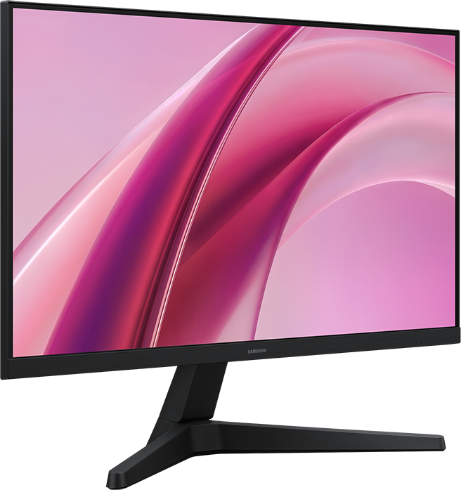 Fekete Samsung monitor absztrakt, hullámos rózsaszín háttérképpel.