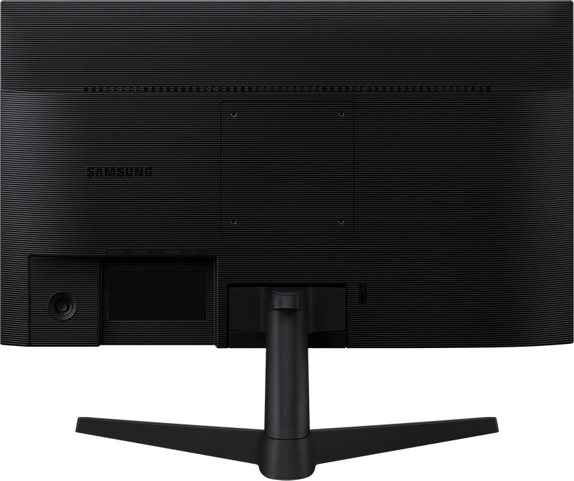 Egy fekete Samsung monitor hátulja az állvánnyal és csatlakozókkal.