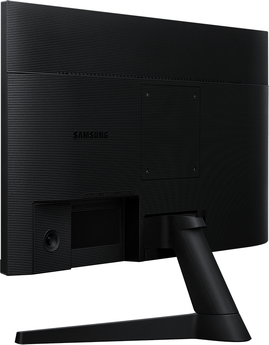Egy fekete Samsung monitor hátoldala texturált házzal és állvánnyal fekete háttér előtt.