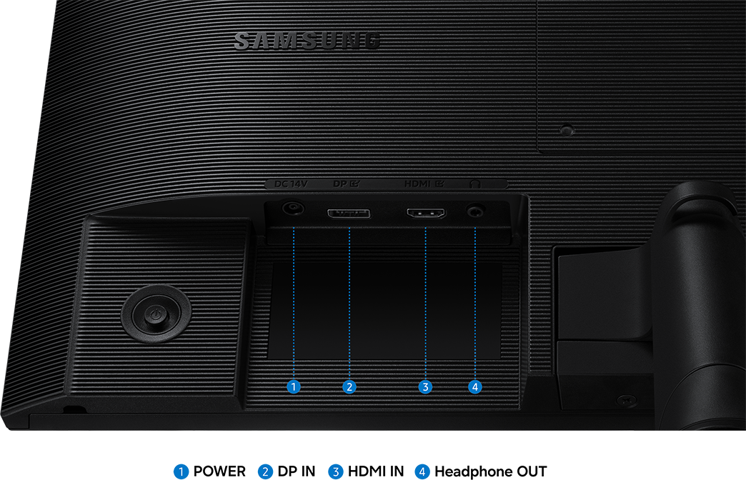 Egy fekete Samsung monitor hátuljának közeli képe számozott csatlakozókkal.
