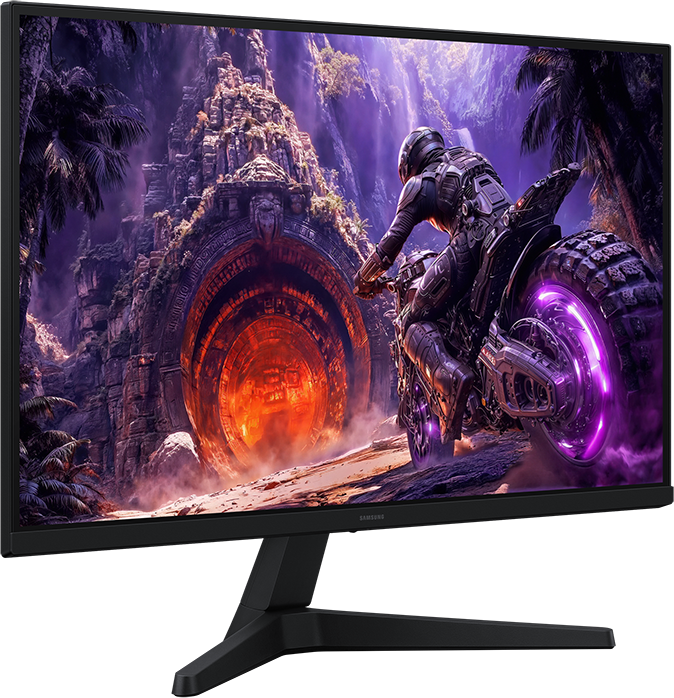 Egy fekete monitor egy sci-fi jelenetet mutat egy motorossal egy izzó portál előtt.