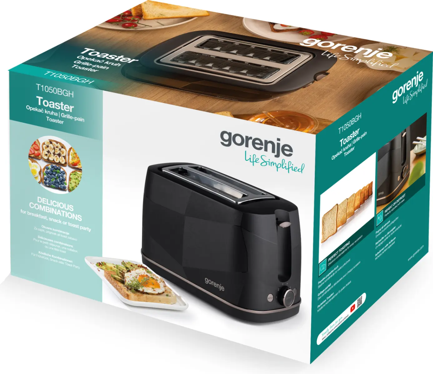 Fekete Gorenje kenyérpirító csomagolása pirítós képeivel és a T1050BGH felirattal.