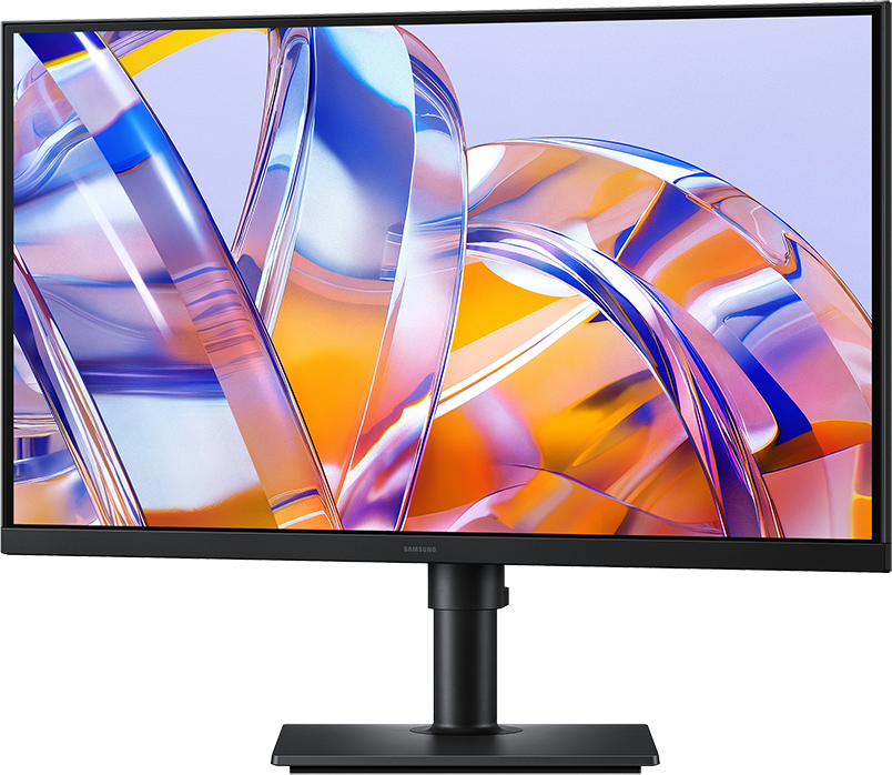 Egy fekete Samsung monitor, színes elvont háttérképpel a képernyőn.