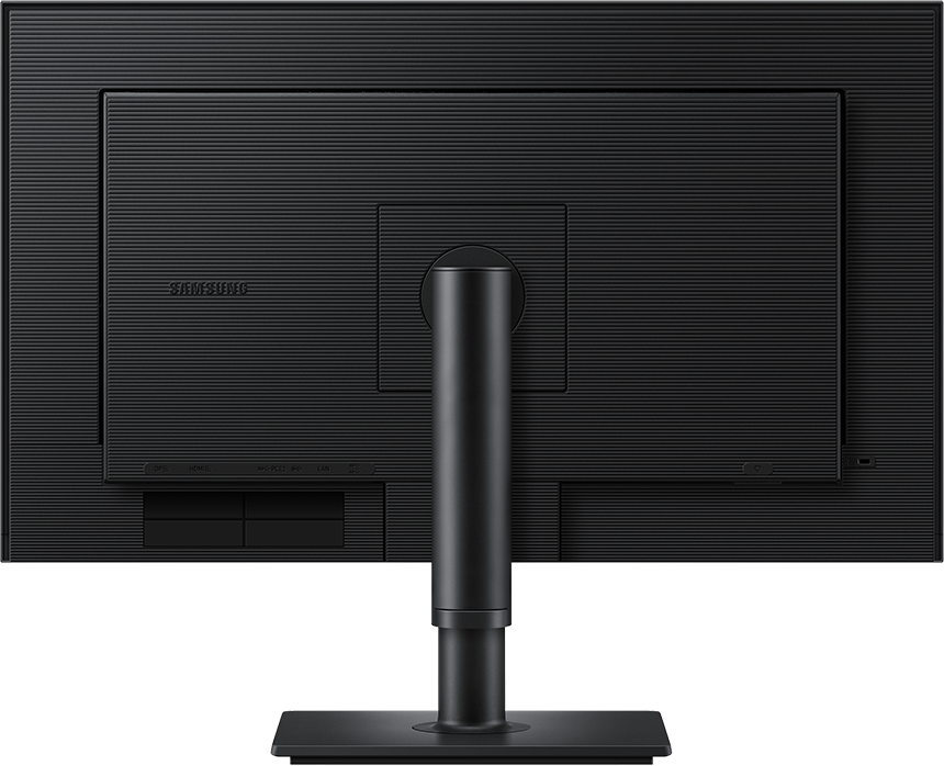 Fekete Samsung monitor hátulja texturált panellel, középső állvánnyal és alul csatlakozókkal.