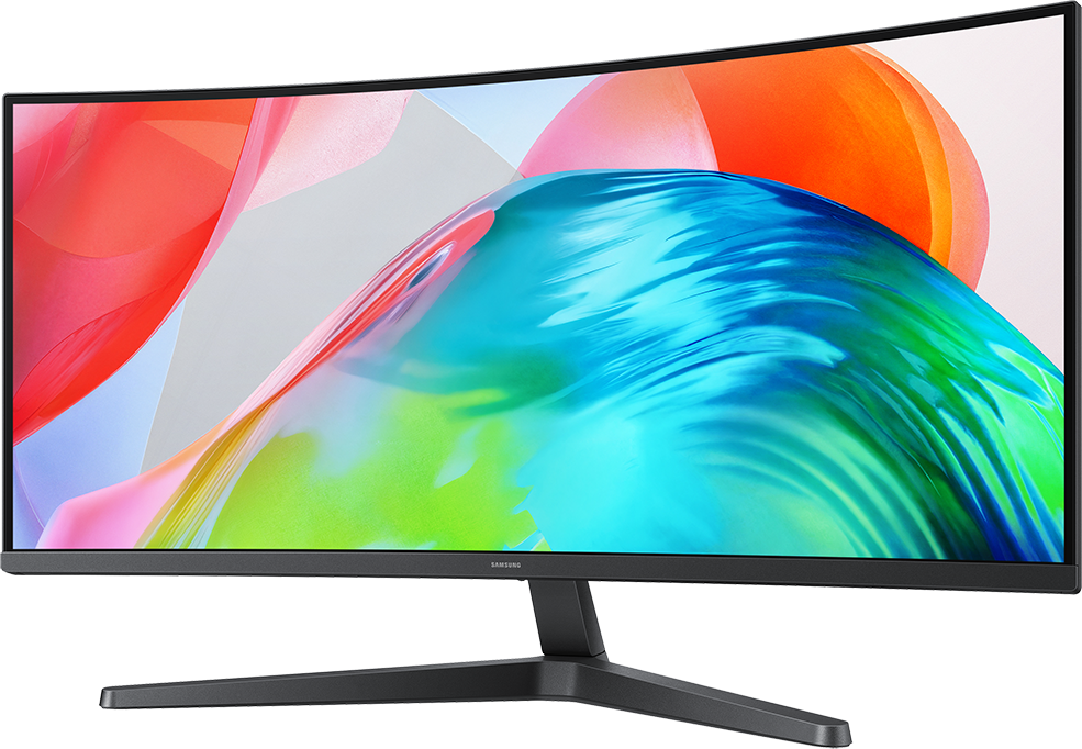 Széles, hajlított Samsung monitor fekete állványon, színes absztrakt háttérképpel.