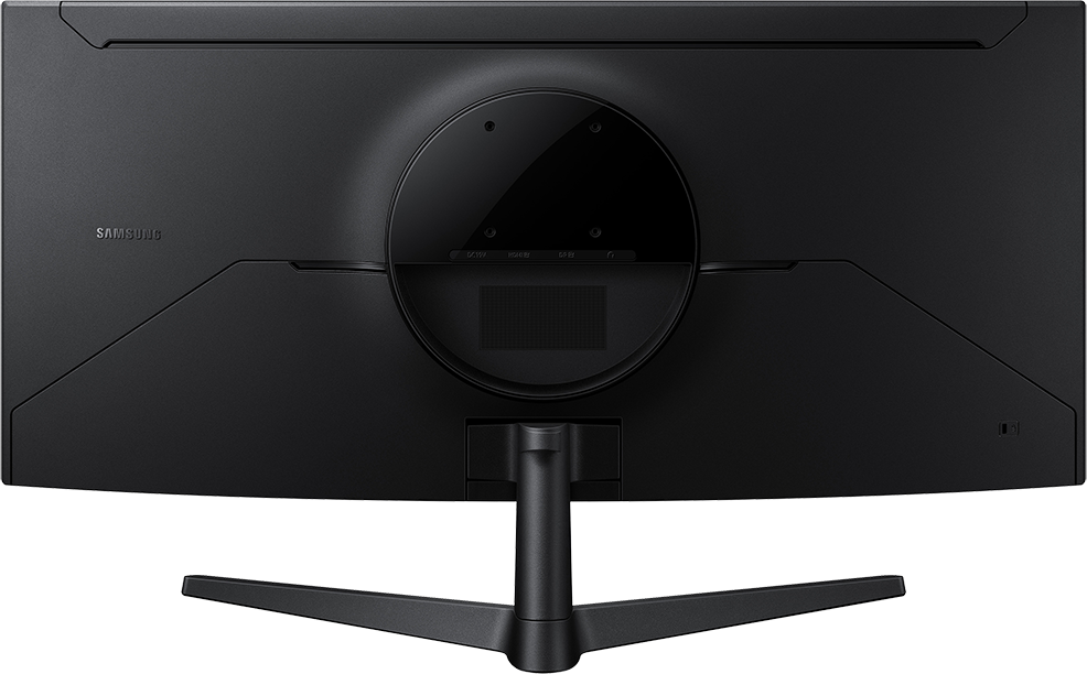 Egy fekete Samsung monitor hátulja kör alakú konzollal és állvánnyal fekete háttér előtt.