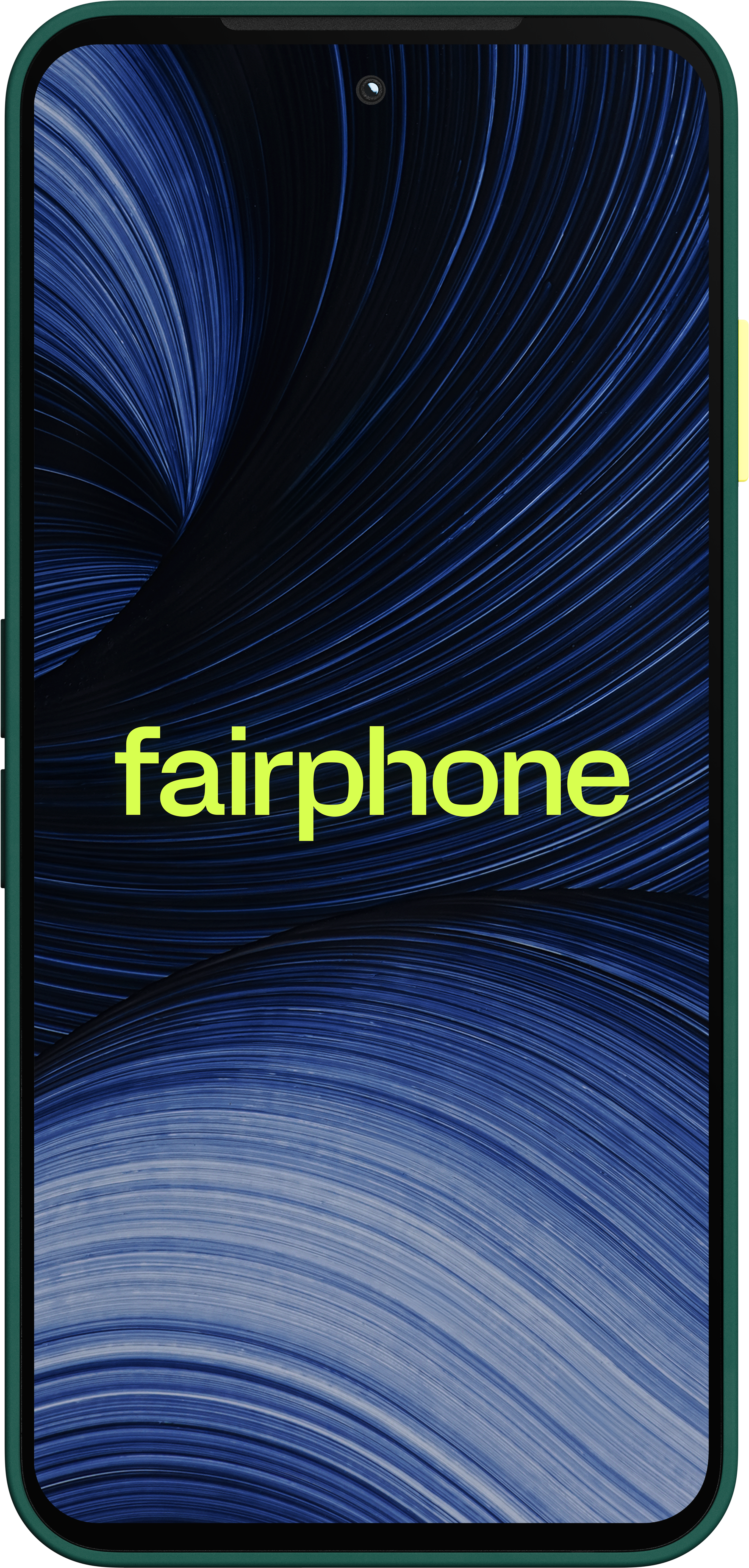 Ein grünes Smartphone mit blauem Hintergrund und dem Fairphone-Logo.