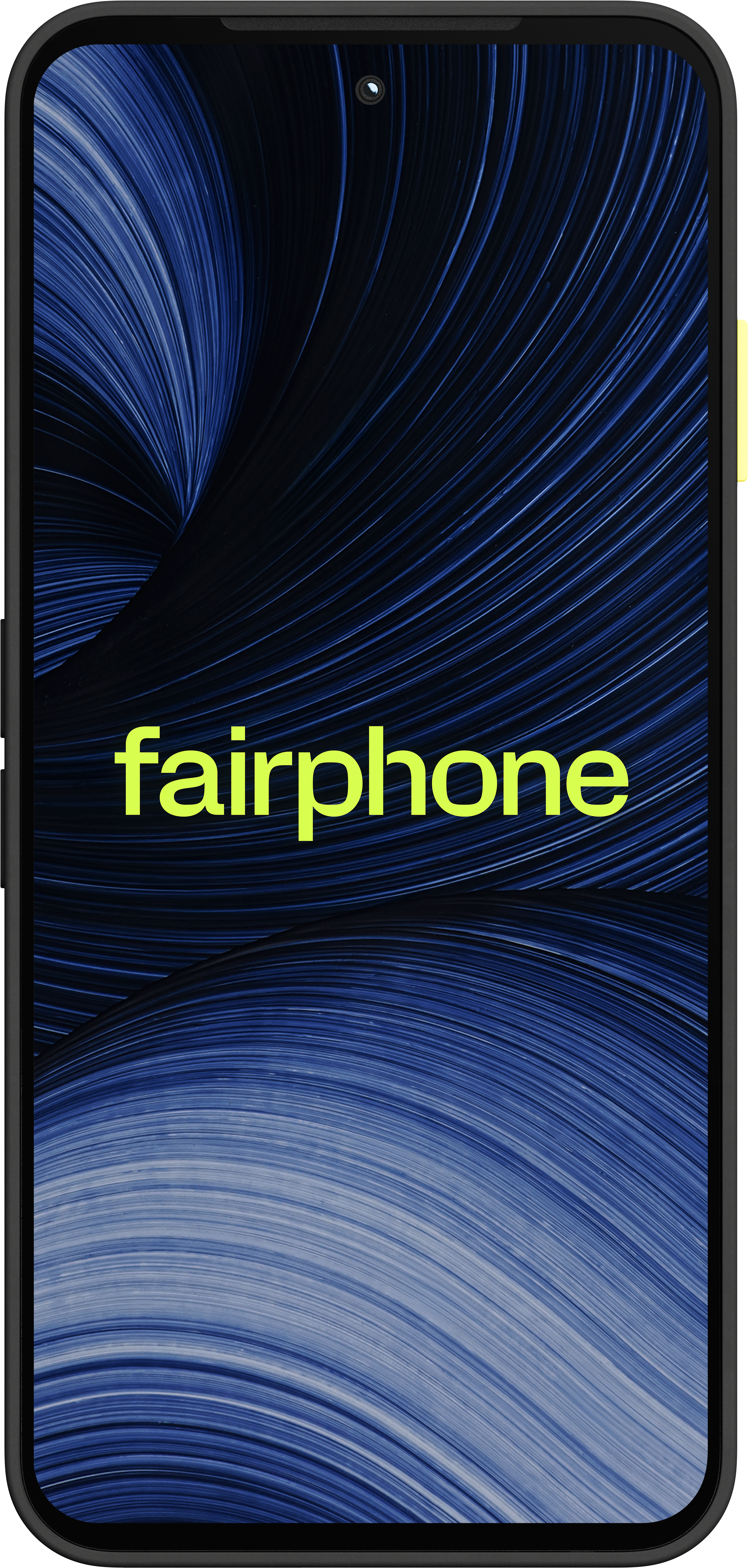 Ein Smartphone zeigt einen blauen Hintergrund mit wirbelndem Muster und dem grünen Schriftzug Fairphone in der Mitte.