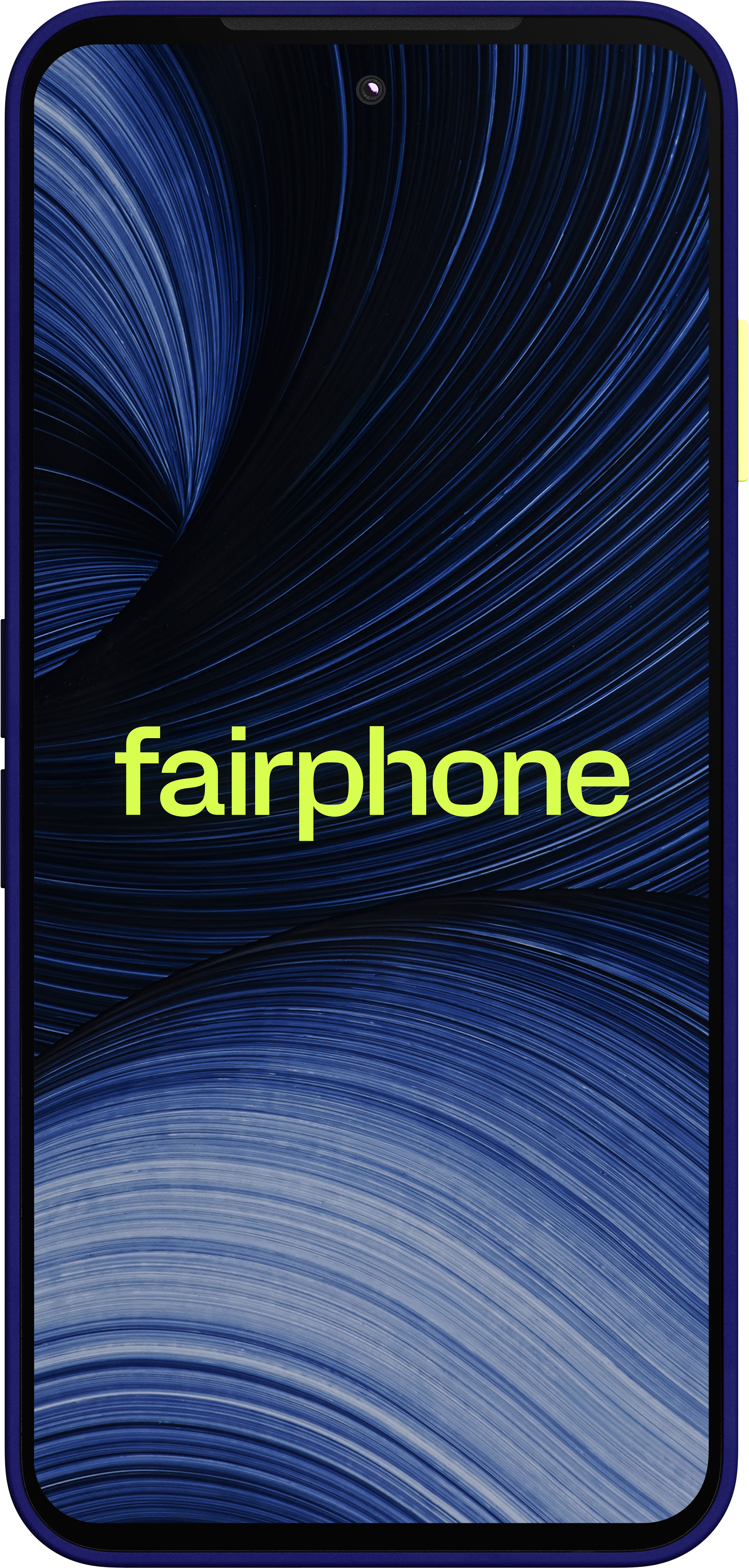 Ein Smartphone zeigt ein blaues abstraktes Wirbelmuster und das Wort fairphone in Gelb.