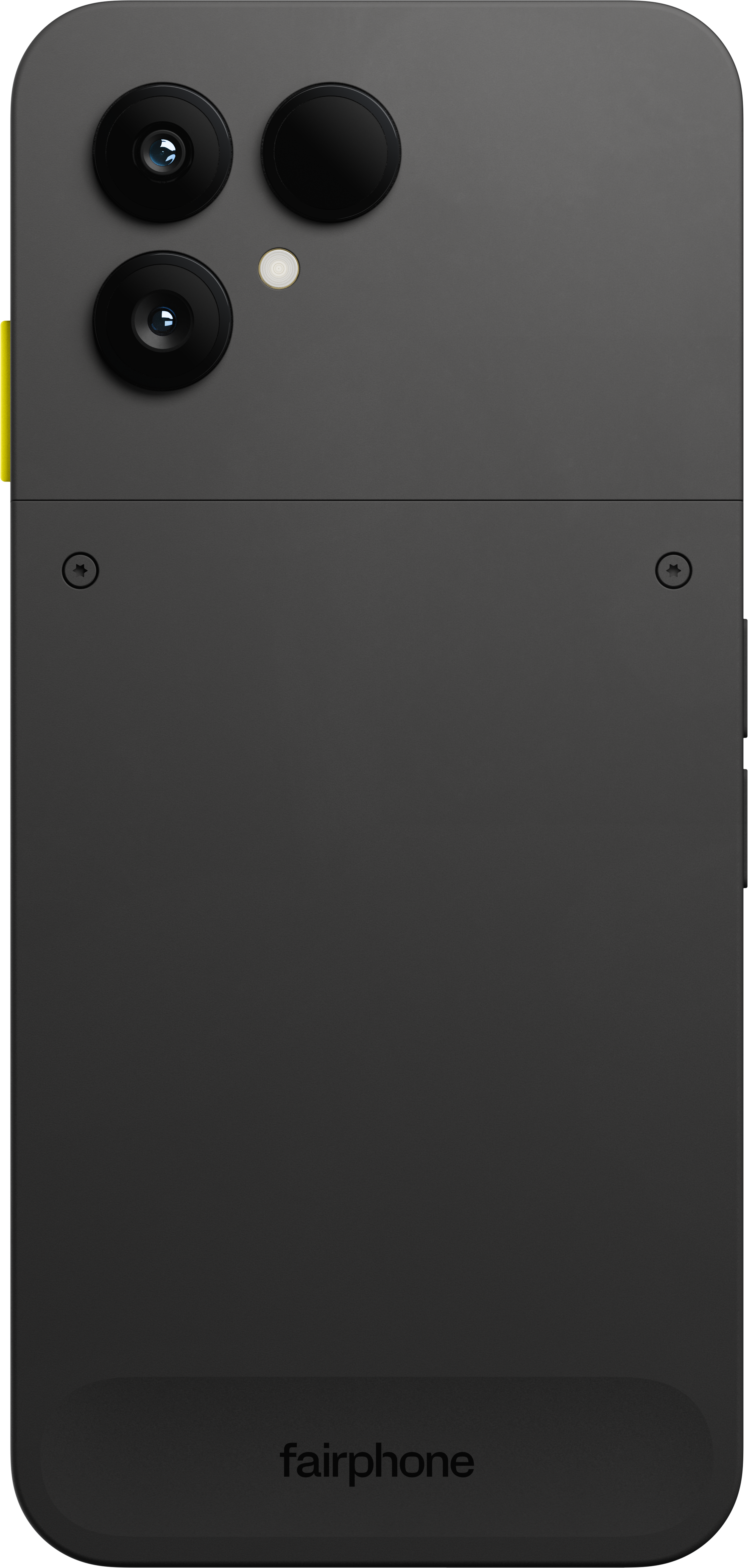 Die Rückseite eines dunkaugrauen Fairphones mit drei Kameras, Blitzlicht und dem Fairphone-Logo unten.