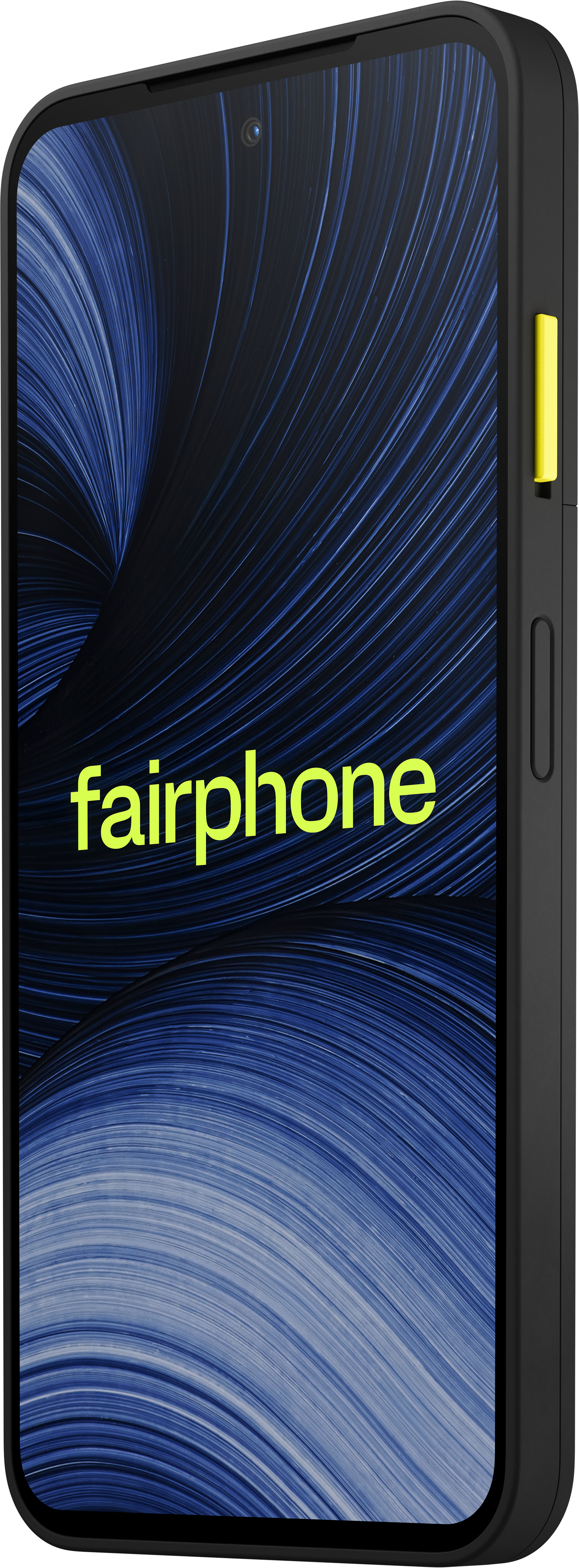 Schwarzes Fairphone mit gelbem Schriftzug und Taste auf blauem Hintergrund.