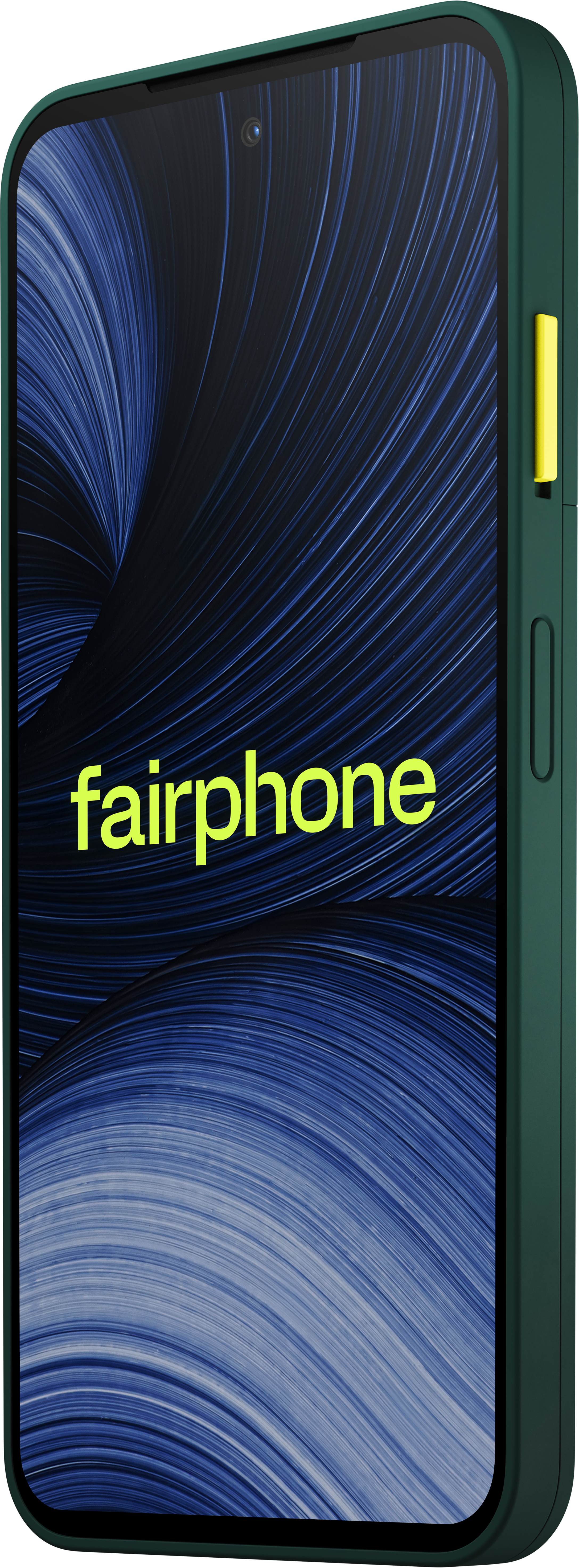 Grünes Fairphone mit gelber Einschalttaste und blauem Wirbelmuster-Bildschirm.