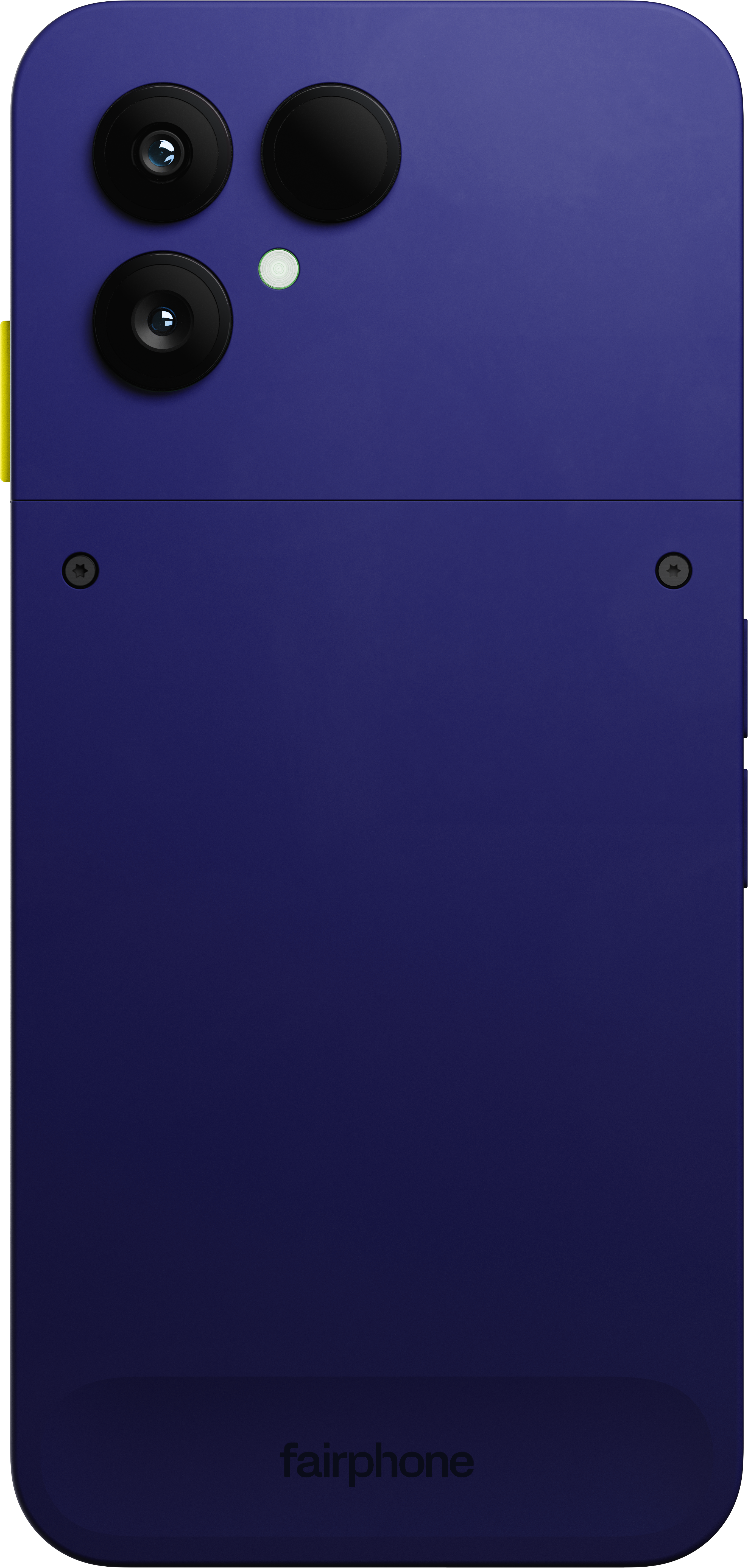 Die blaue Rückseite eines Smartphones mit zwei Kameras, einem Blitz und dem Fairphone-Logo unten.