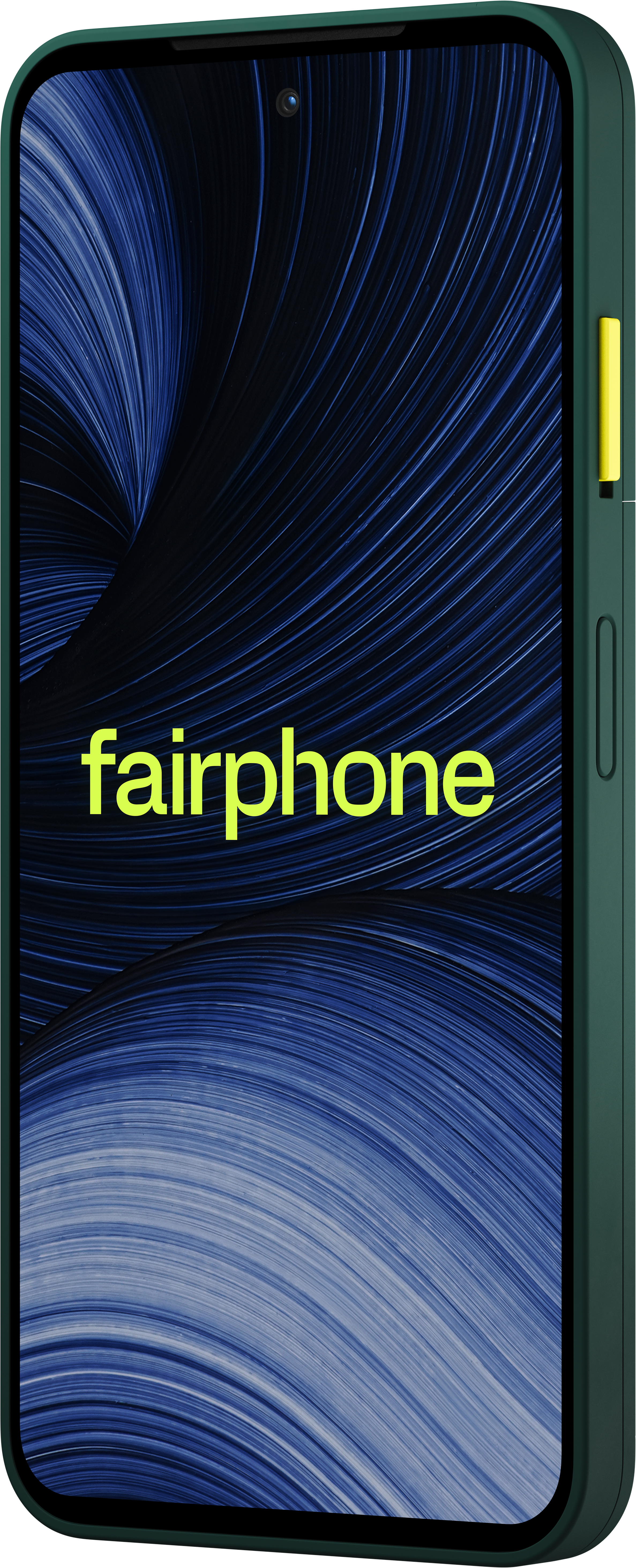 Ein dunkelgrünes Smartphone mit blauem abstrakten Hintergrundbild und gelbem 'fairphone'-Schriftzug.