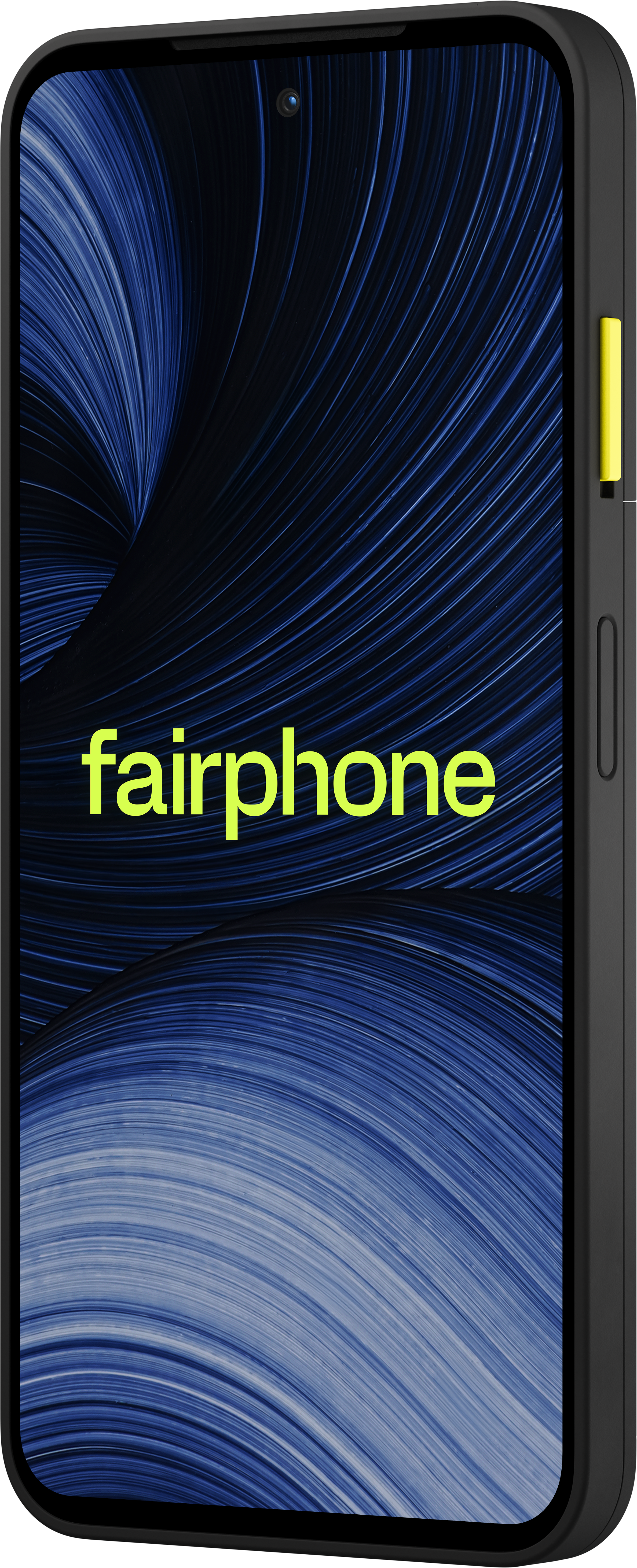 Schwarzes Fairphone mit blauem Hintergrund und gelbem Text auf dem Bildschirm.