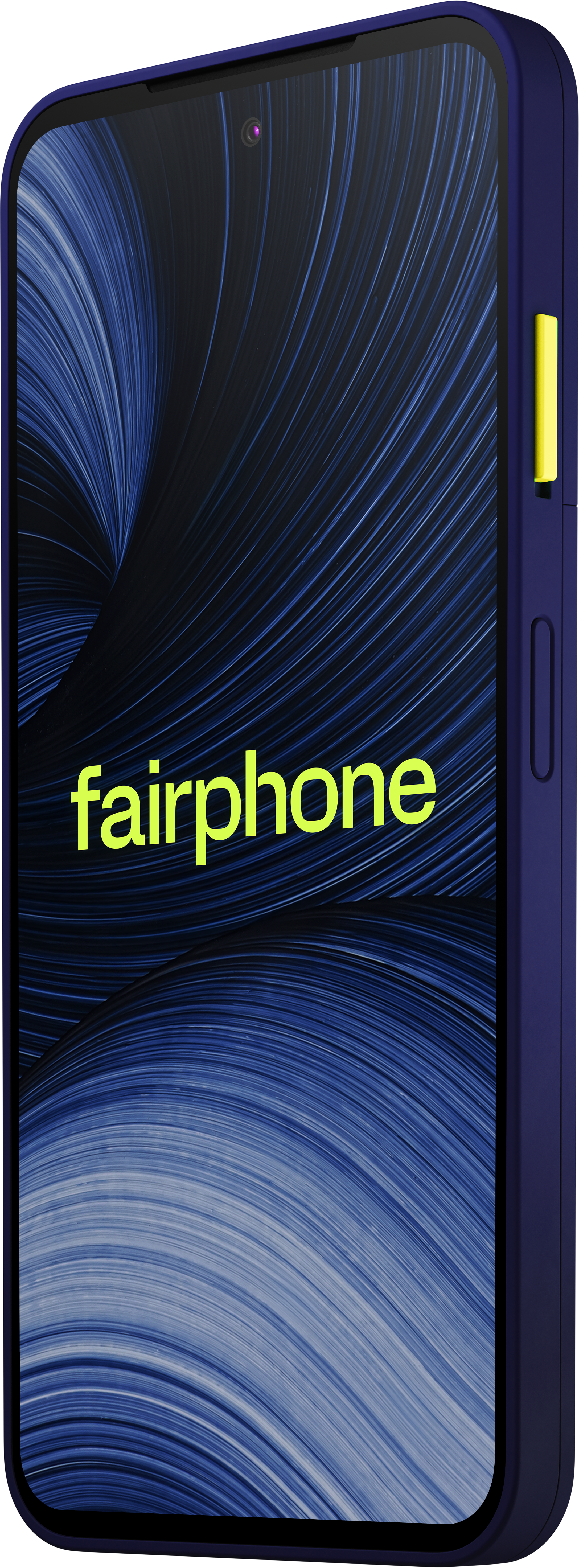 Ein blaues Fairphone mit gelben Knöpfen zeigt auf dem Display den Markennamen und ein blaues Spiralmuster.