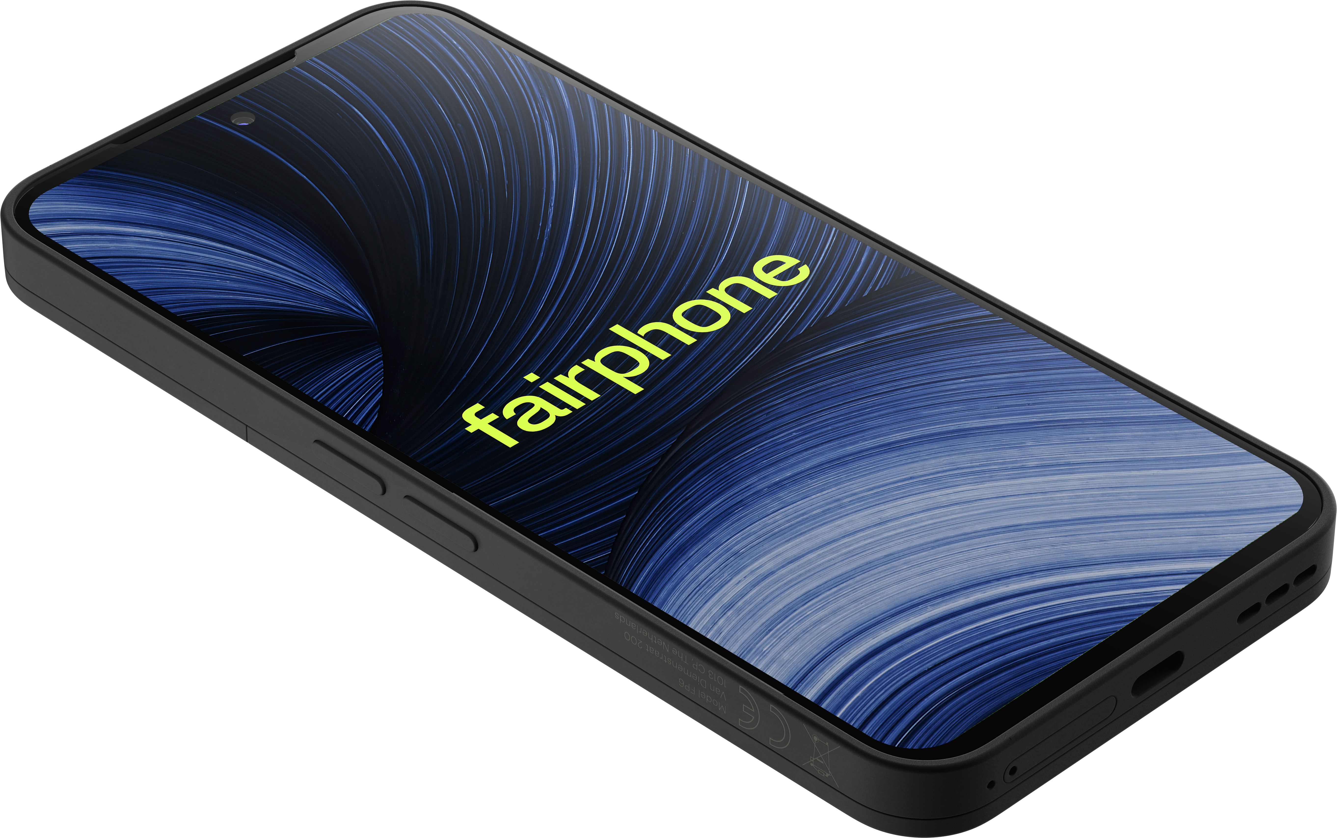 Ein schwarzes Fairphone liegt schräg, mit blauem Hintergrund und gelbem Fairphone-Schriftzug auf dem Bildschirm.