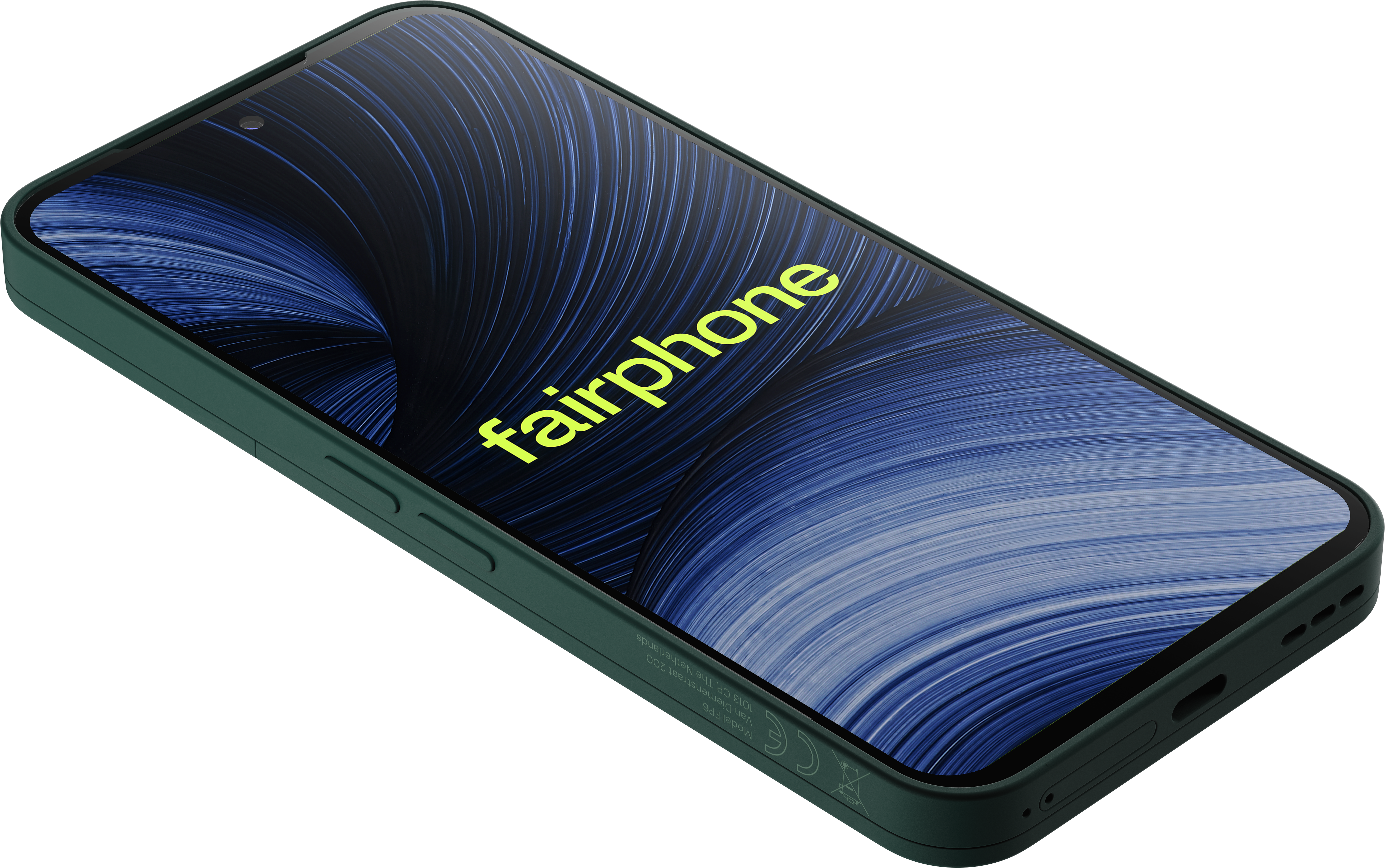 Ein grünes Fairphone mit blauem Hintergrund auf dem Display liegt auf einer weißen Oberfläche.