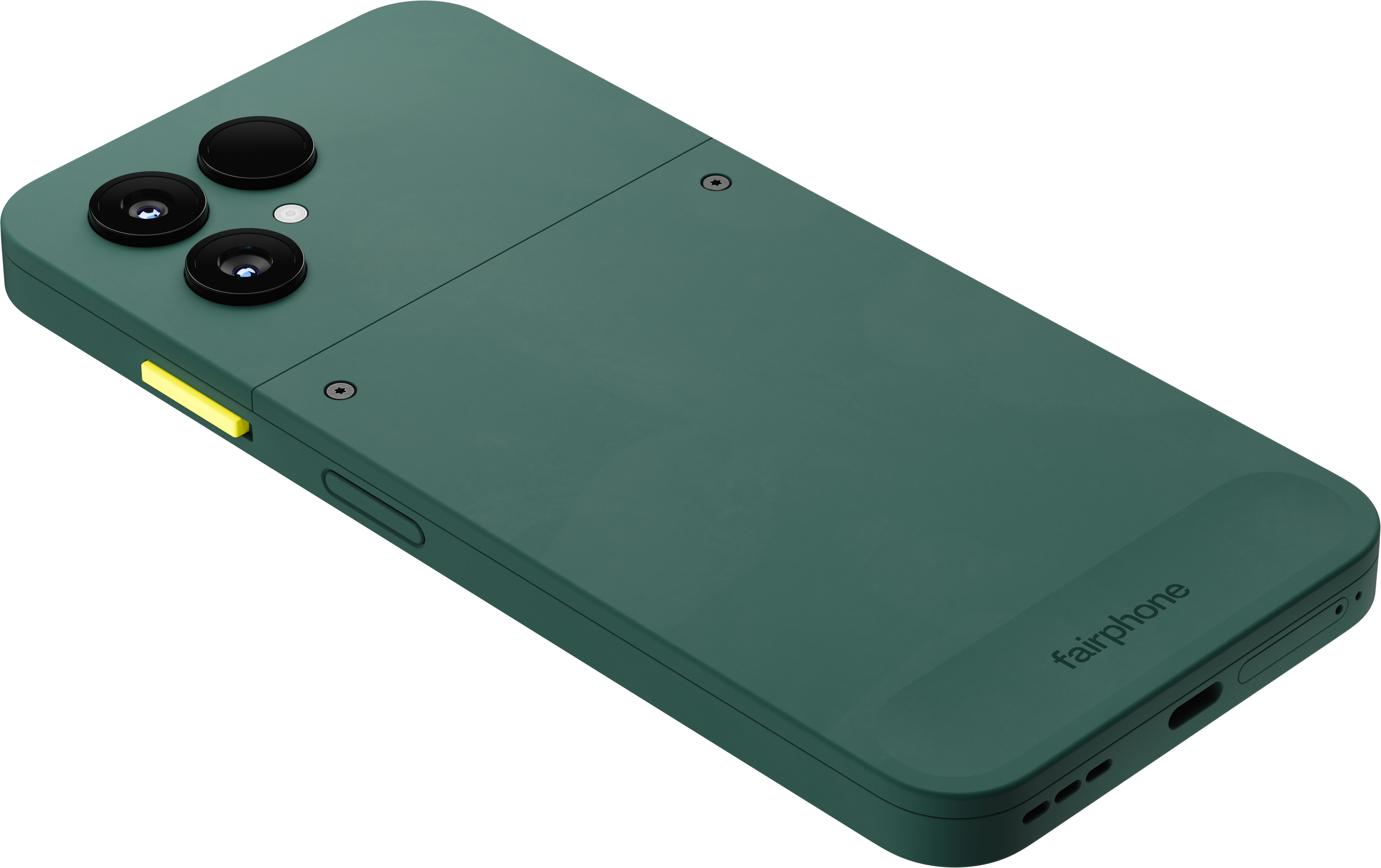 Dunkelgrünes Fairphone Smartphone aus der Perspektive von hinten und unten auf weißem Hintergrund.