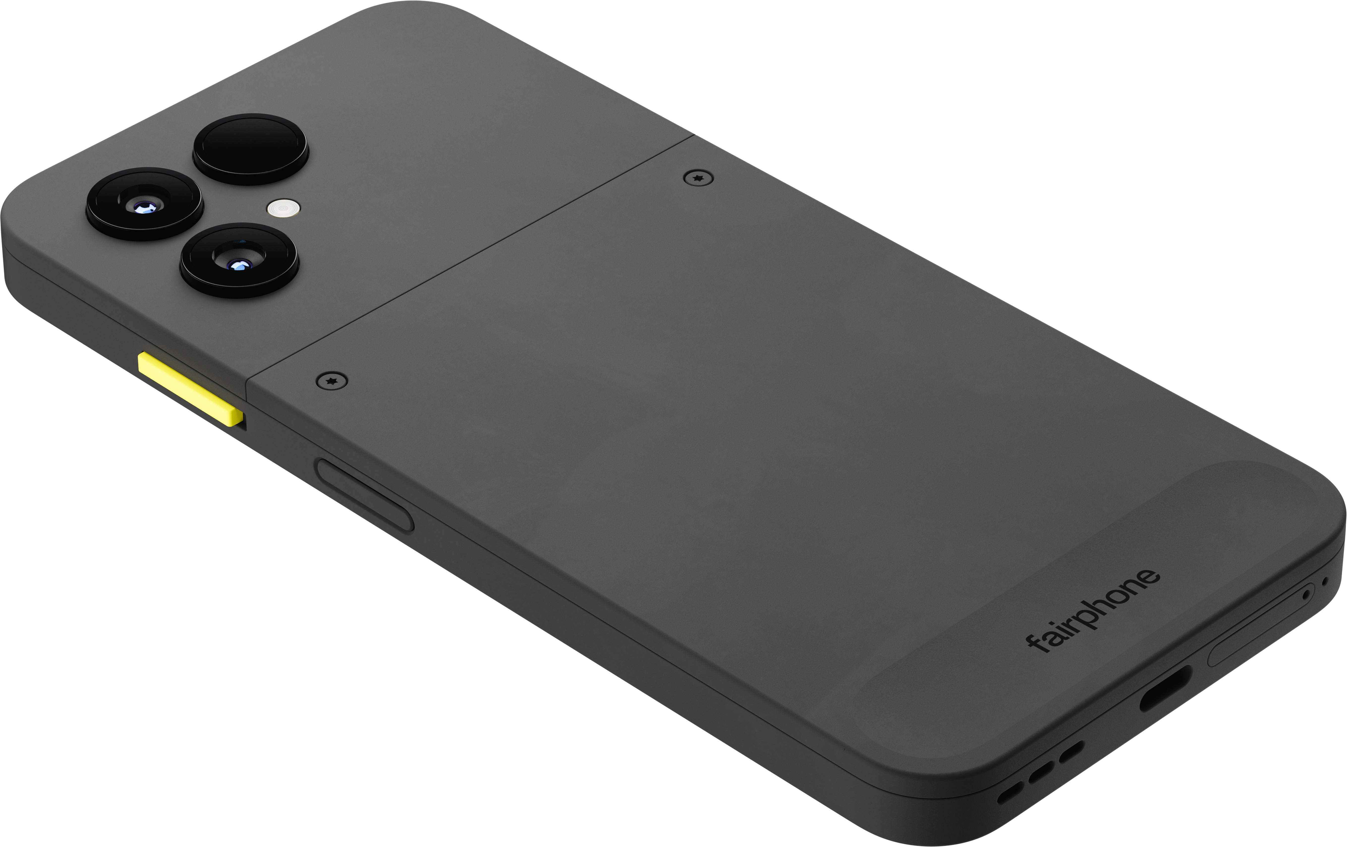 Dunkelgraues Fairphone-Smartphone von hinten mit drei Kameras, gelbem Akzent und sichtbaren Schrauben.