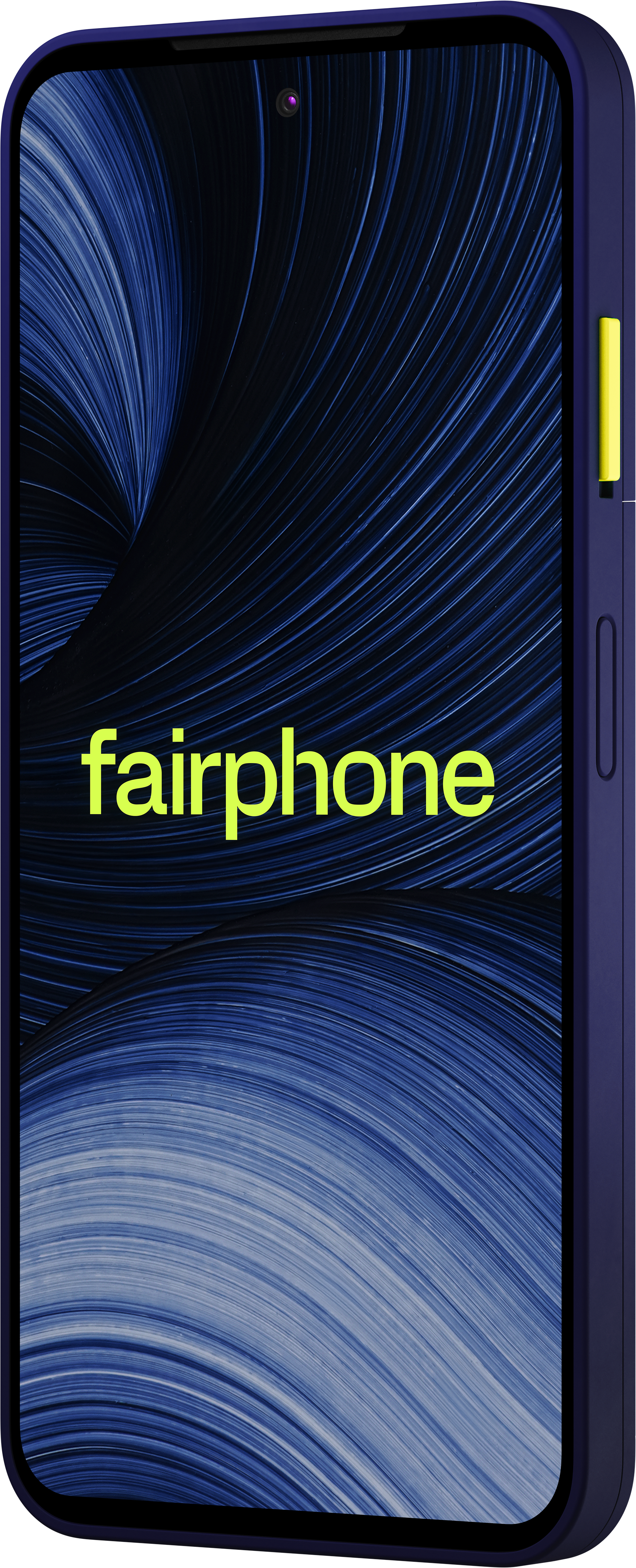 Frontansicht des Fairphone-Smartphones mit dunkelblauem Gehäuse und gelbem Logo auf dem blauen Wirbel-Hintergrund.