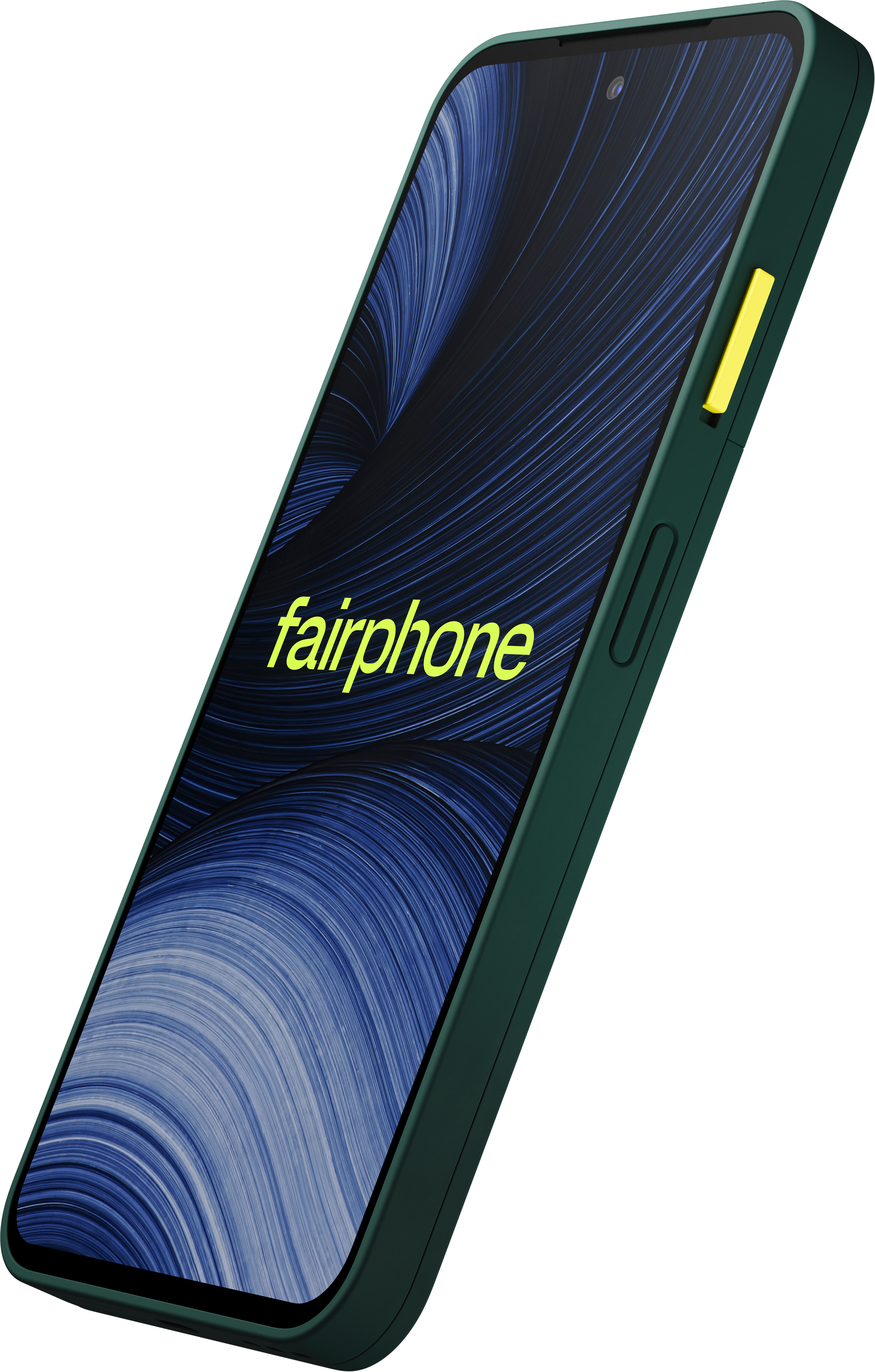 Grünes Fairphone mit blauem Wellen-Hintergrund und gelbem Power-Knopf schräg abgebildet.