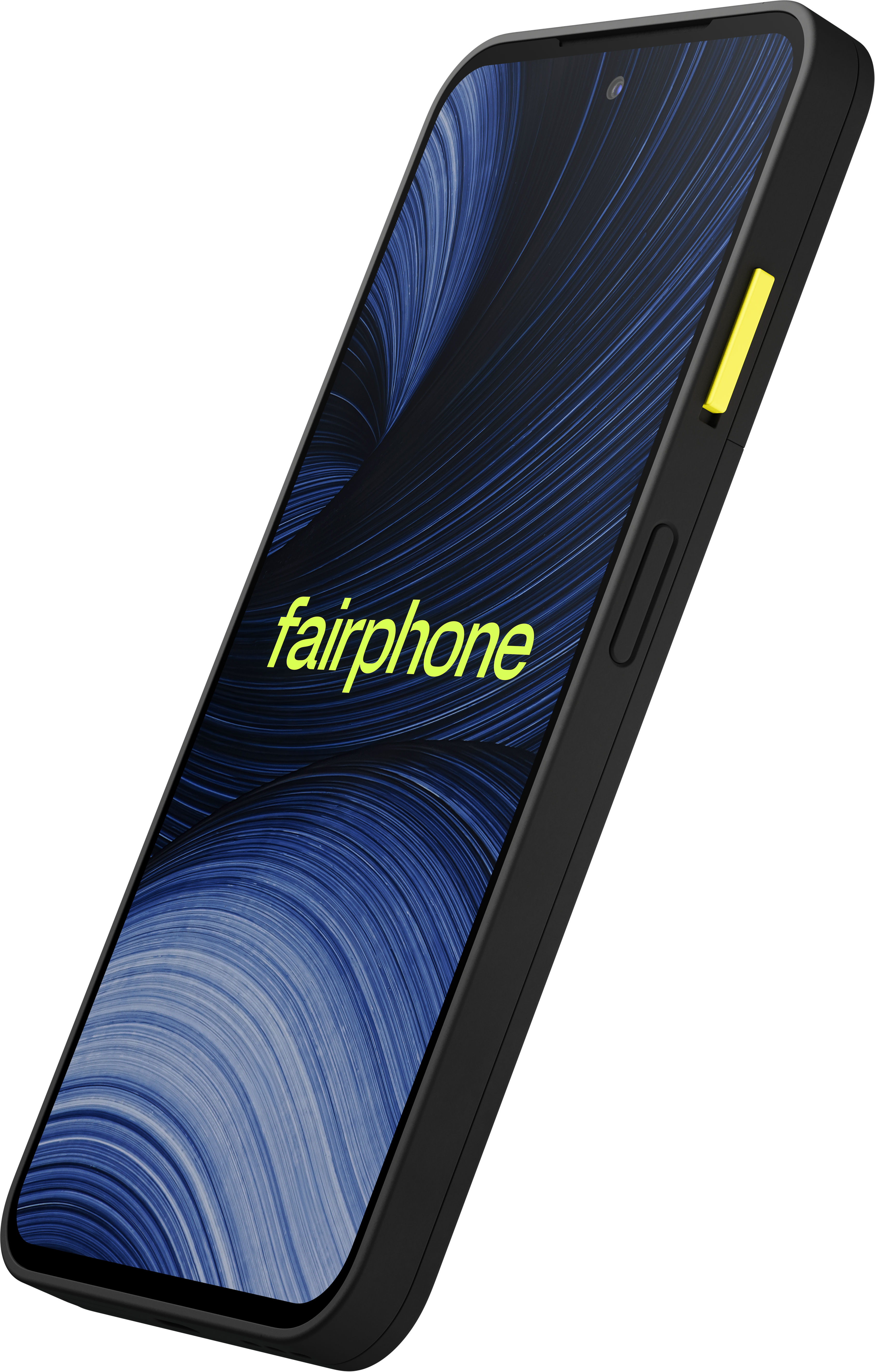 Schwarzes Fairphone mit blauem Wirbelmuster auf dem Bildschirm und gelbem Einschalttaste.