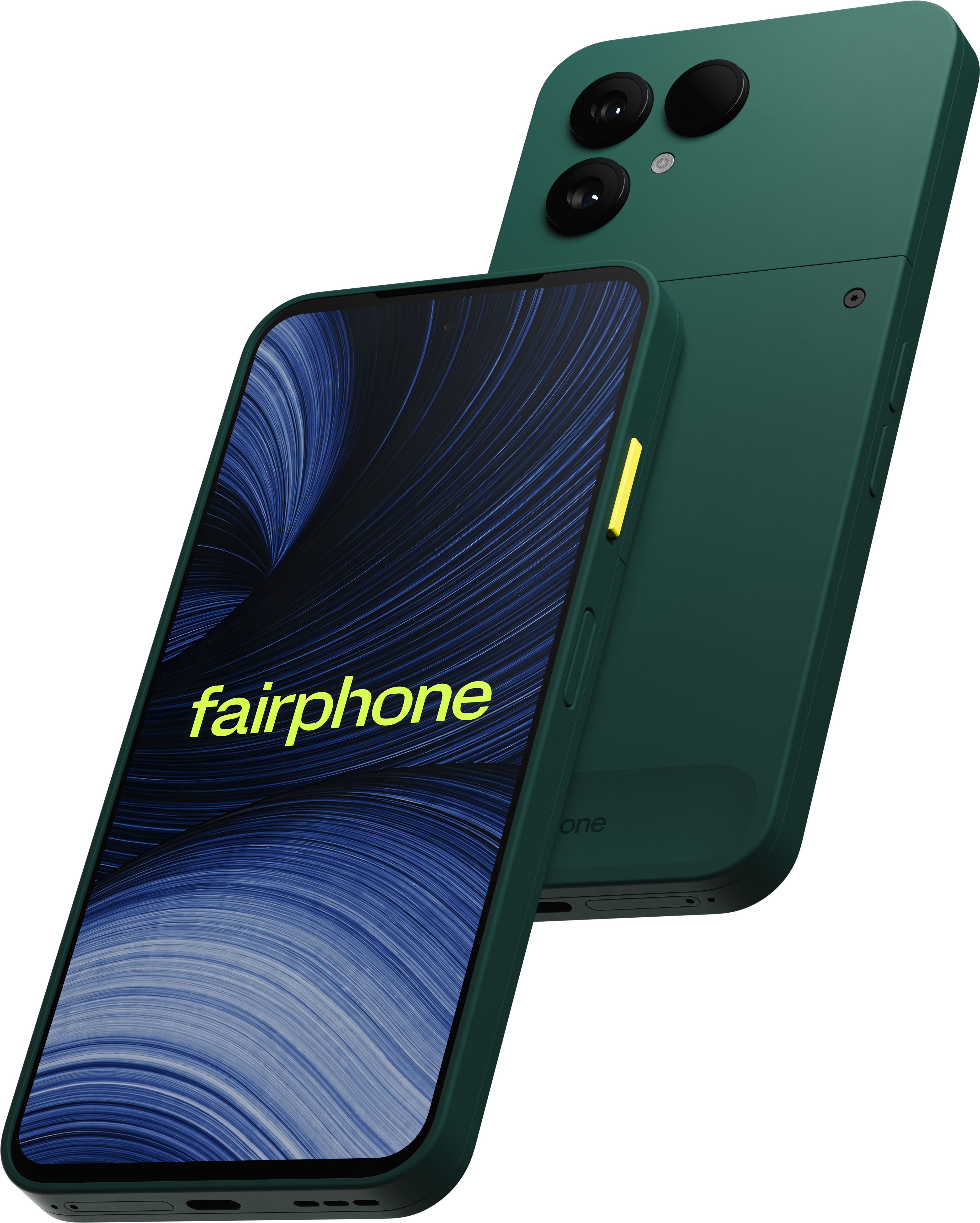 Grünes Fairphone mit blauem Hintergrund und Logo auf dem Display und Kameras auf der Rückseite.