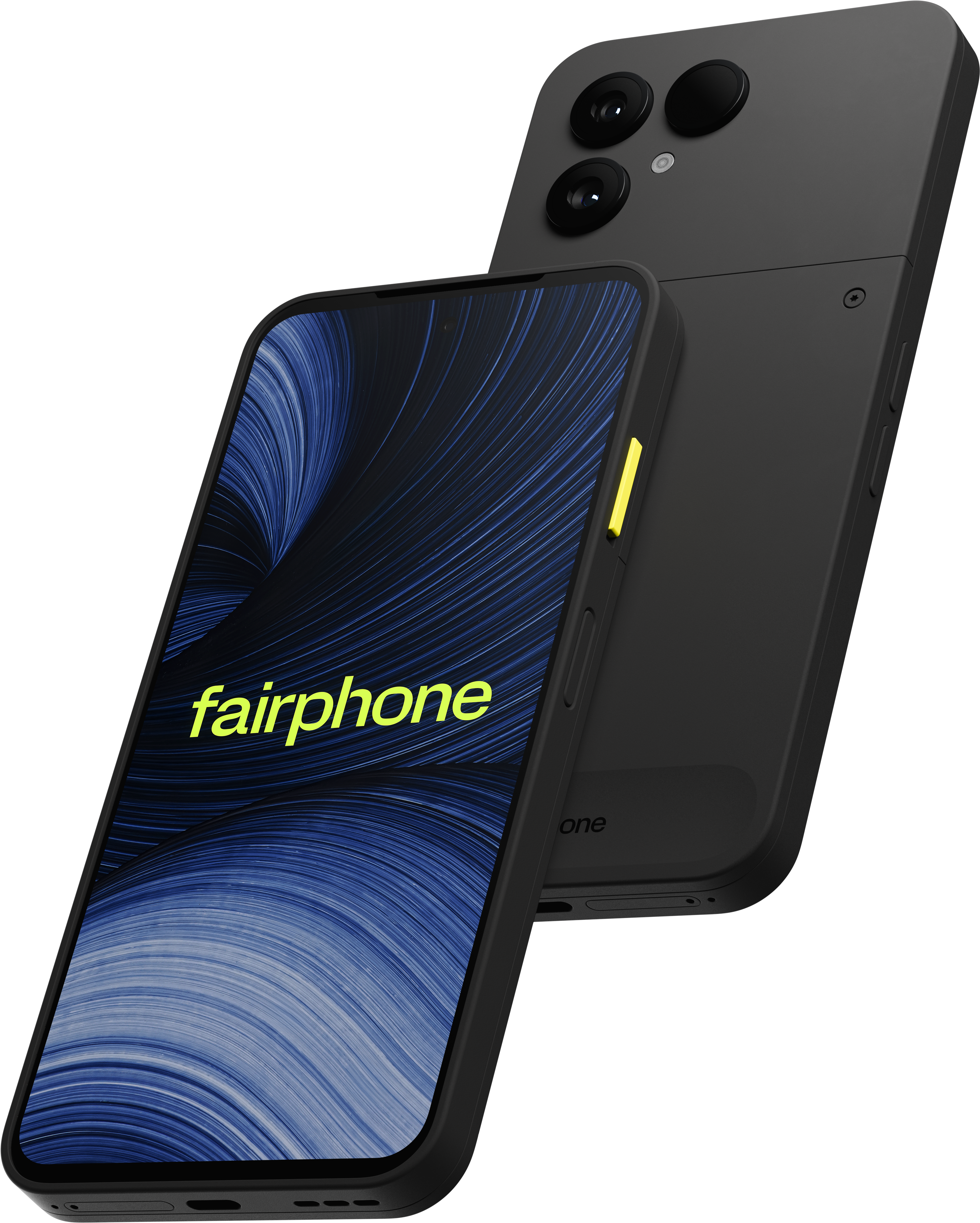 Zwei schwarze Fairphones auf weißem Hintergrund, eins zeigt den Bildschirm mit Logo, eins die Rückseite mit Kameras.