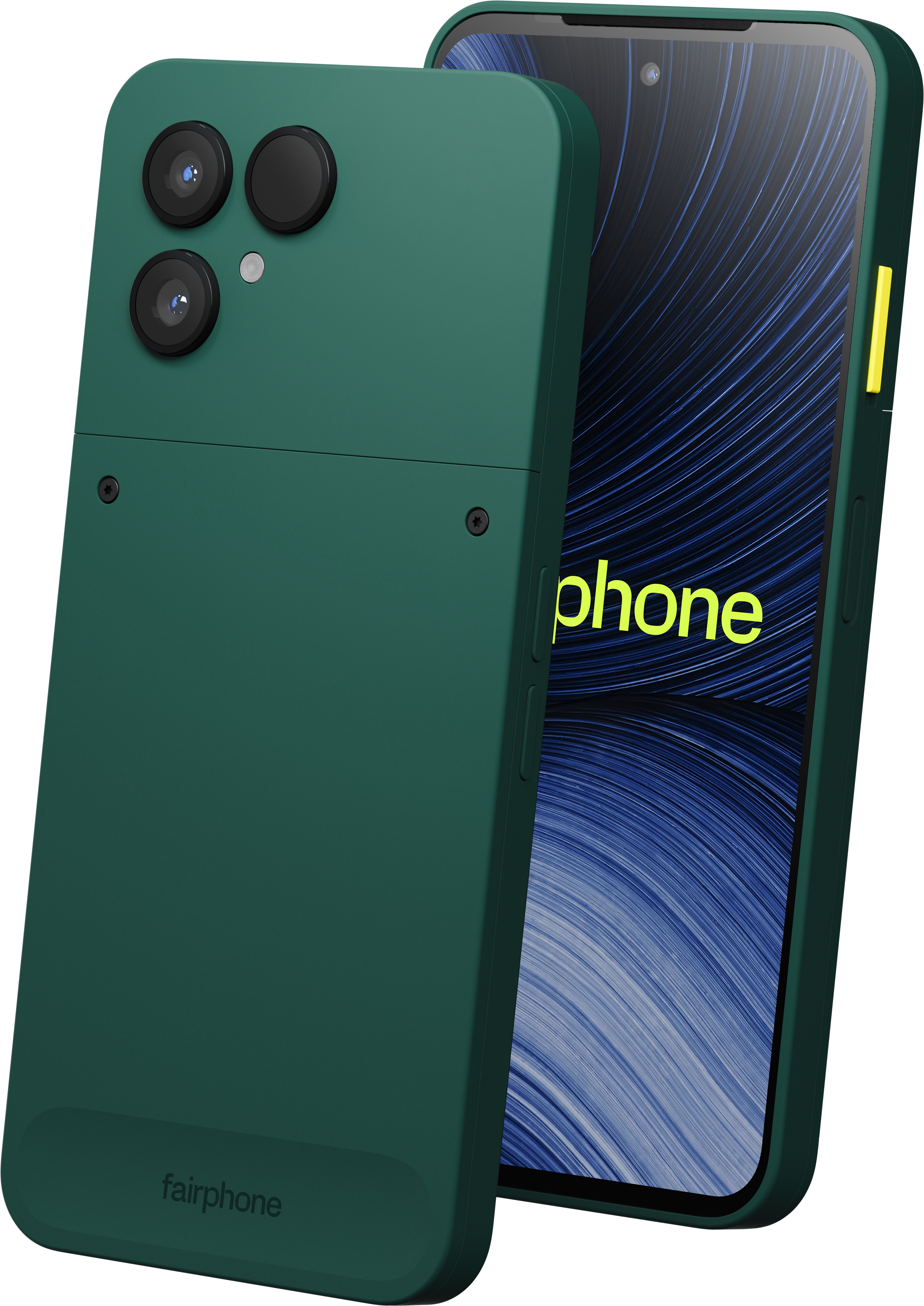 Grünes Smartphone mit drei Kameras auf der Rückseite und leuchtendem Display.